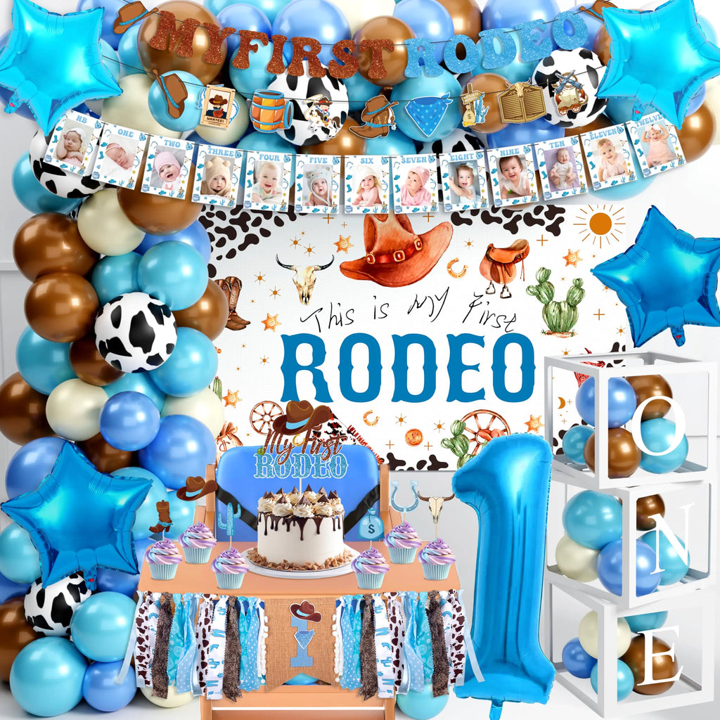 Cowboy 1st Birthday Decoration Boy My First Rodeo Birthday Decorations for Boy Western Birthday Party Supplies My First Rodeo Banner Backdrop Blue Cow Balloons Arch Kit Balloon Blocks Highchair Banner
