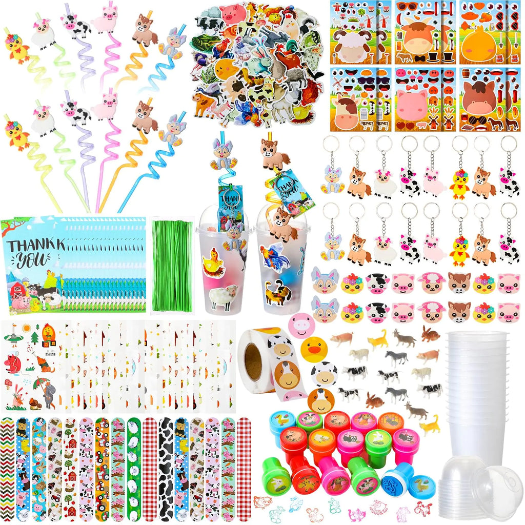 Poen 212 Pcs Farm Animal Party Favors Set Include Cup Straw Stamp Clap Bracelet Keychain Ring Puzzle Sticker Animal Miniature Card for Birthday Party Baby Shower Goody Bag Stuffer