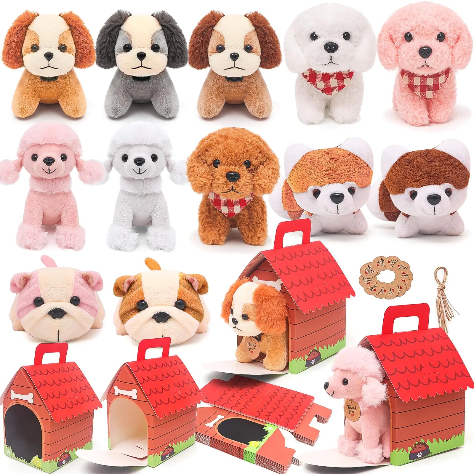 HAPGFS 12 Pcs Mini Plush Puppy Set Dog Party Favors with Keychain Gift Toys with Carton Dog House Kids Baby Show Birthday Christmas Party
