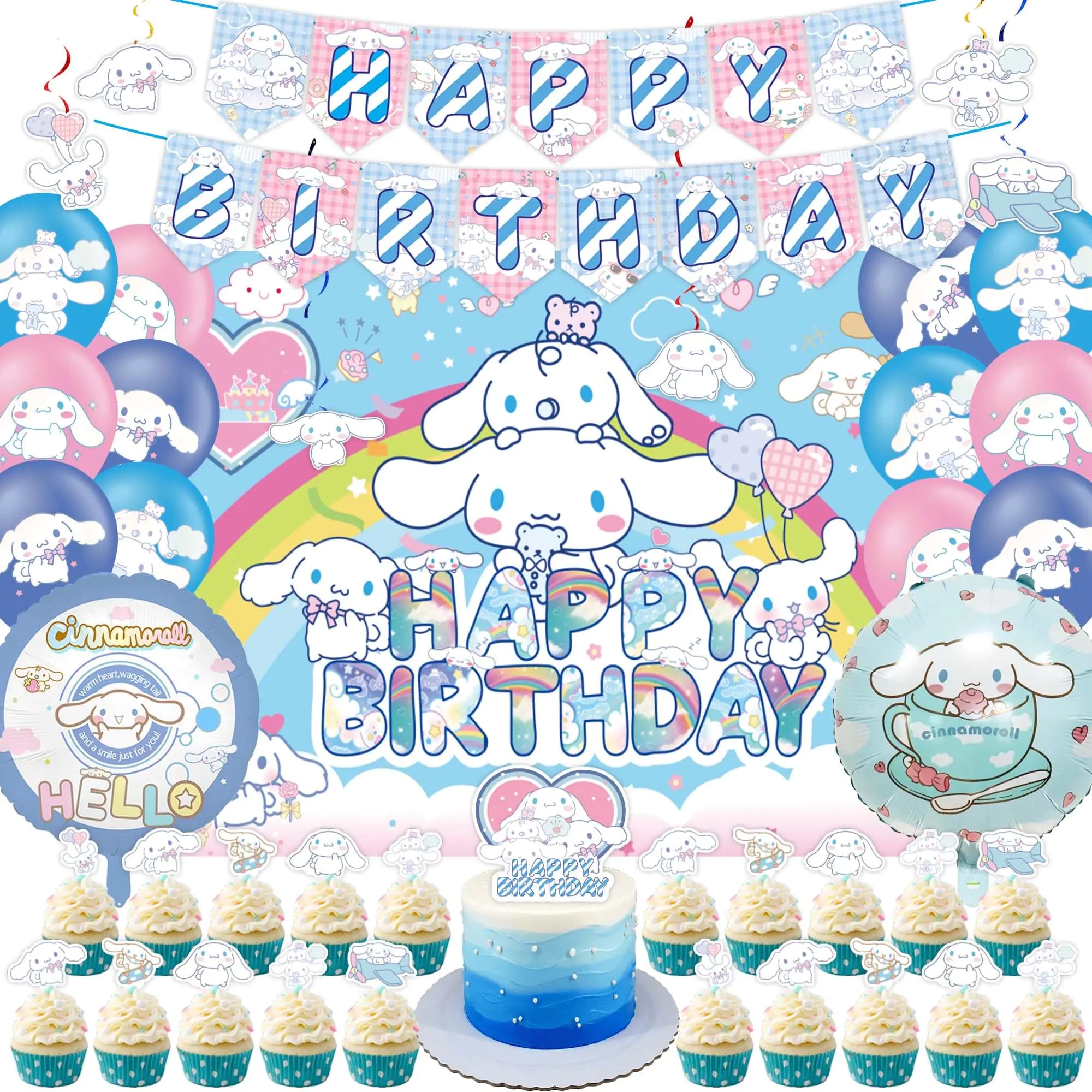 Kawaii Birthday Decorations Cute Party Supplies Include Banner Hanging Swirl Balloon Backdrop Cupcake Toppers for Kawaii Birthday Supplies