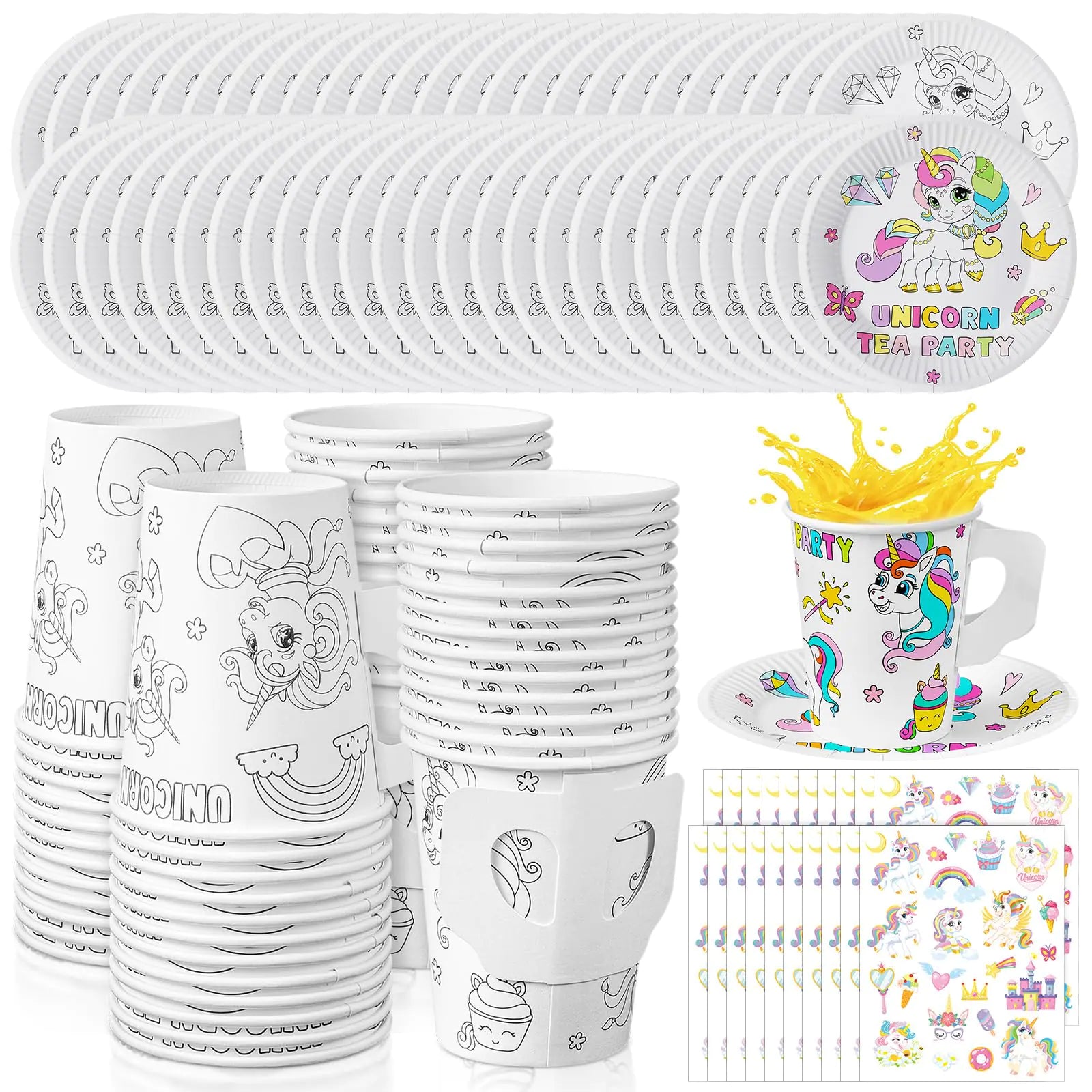 Lenwen 48 Set Color Your Own Tea Cups Disposable Unicorn Paper Cups with Handle 8 oz Crafts DIY Tea Cups and Plates Sticker Party Favors Coloring Activity Crafts Gifts Decoration(Unicorn)