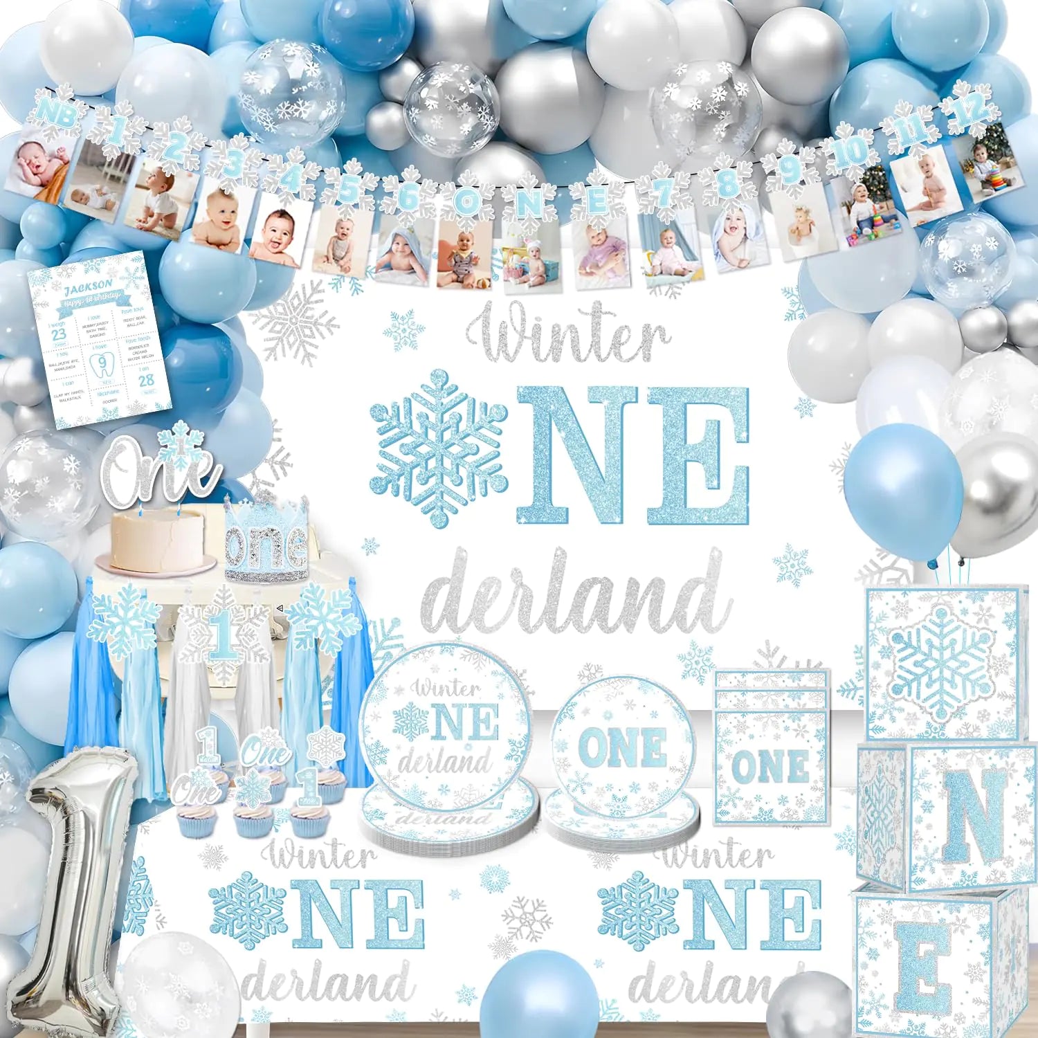 Cocomigo Winter Onederland 1st Birthday Boy Balloon Arch Set 182pcs First Birthday Decorations Include Balloon Arch Winter Paper Plates Winter Backdrop Etc for 1st Birthday Decorations Boy