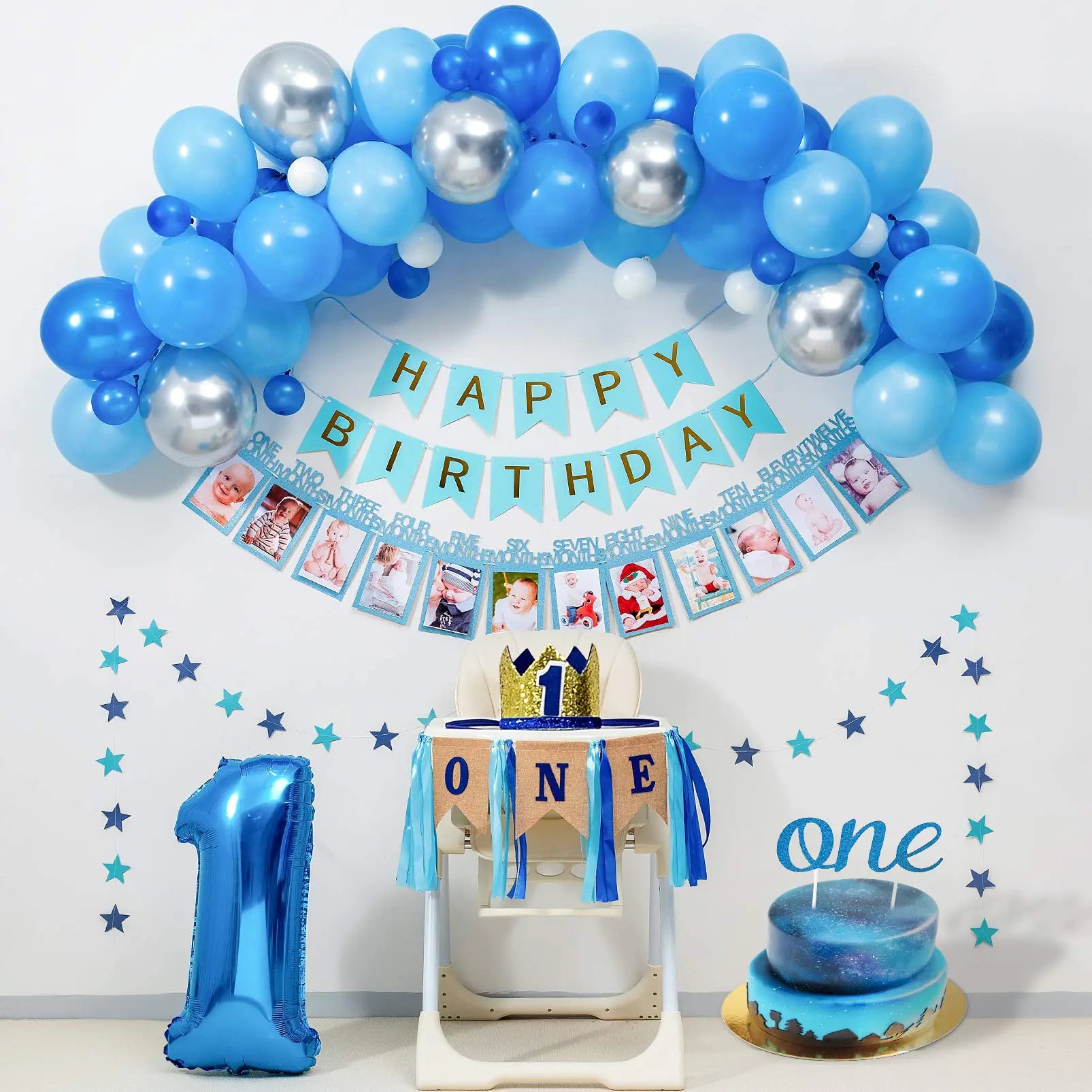 Baby Boy 1St Birthday Decorations BLUE Party Supplies for ONE Highchair Banner DecorationsRoyal Prince CrownHappy Birthday Banner12 Months Photo BannerBlue silver Balloon Garland kitCake Topper