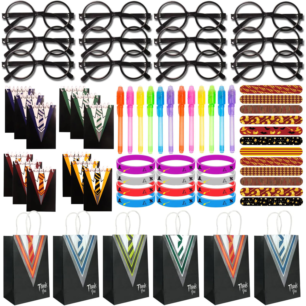 72 Pcs Magical Wizard School Party Favors Set Birthday Party Supplies Include 12 Bracelets 12 Mini Notepads 12 Wizard Glasses 12 Pens12 Slap Bracelets and 12 Gift bags