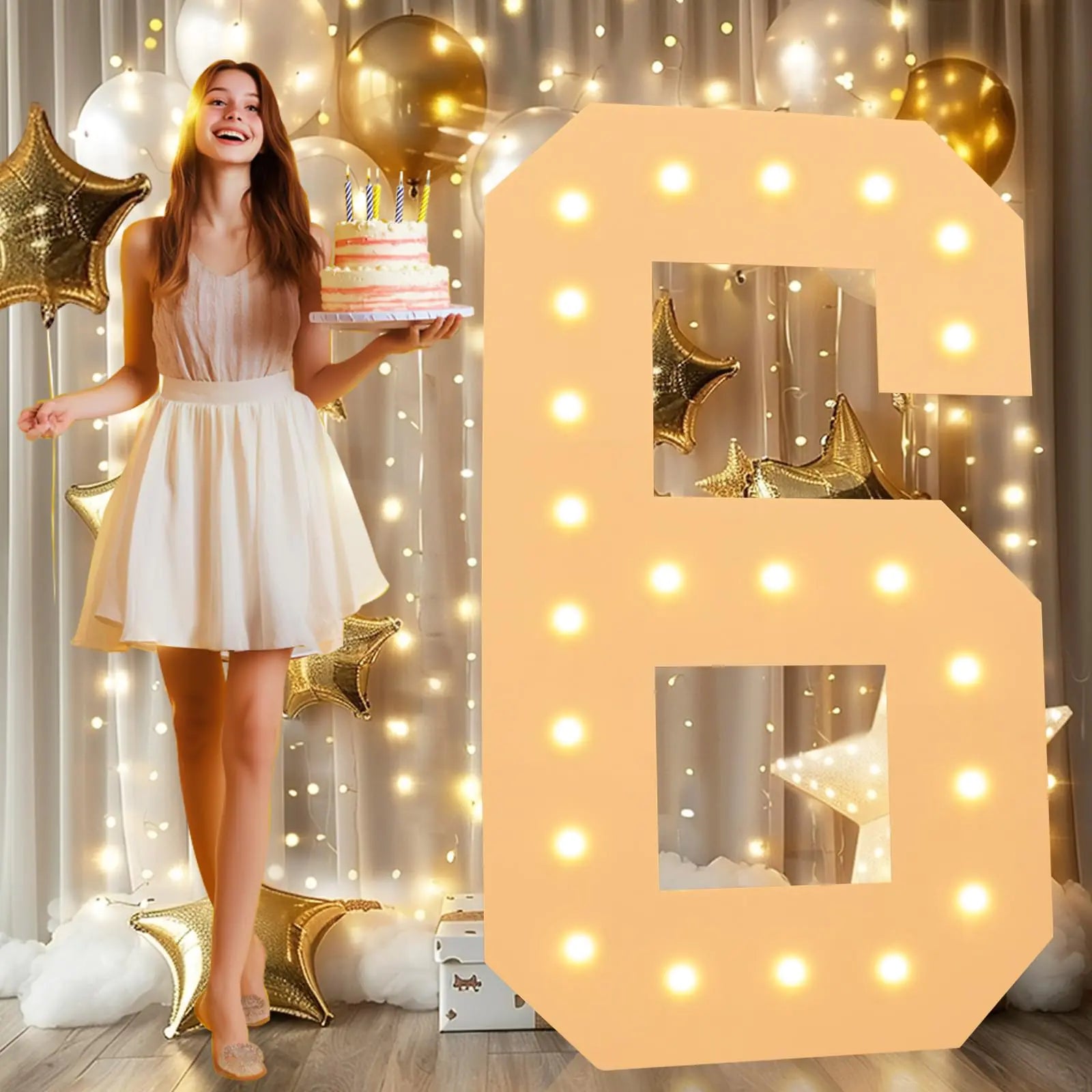 LOBOOM 4FT Light Up Numbers Marquee Numbers 4 Feet Tall Giant Number 6 Mosaic Big Number Sign for 6th 16th 60th Birthday Party Backdrop Anniversary Decorations Pre-Cut Large Frame Number 6
