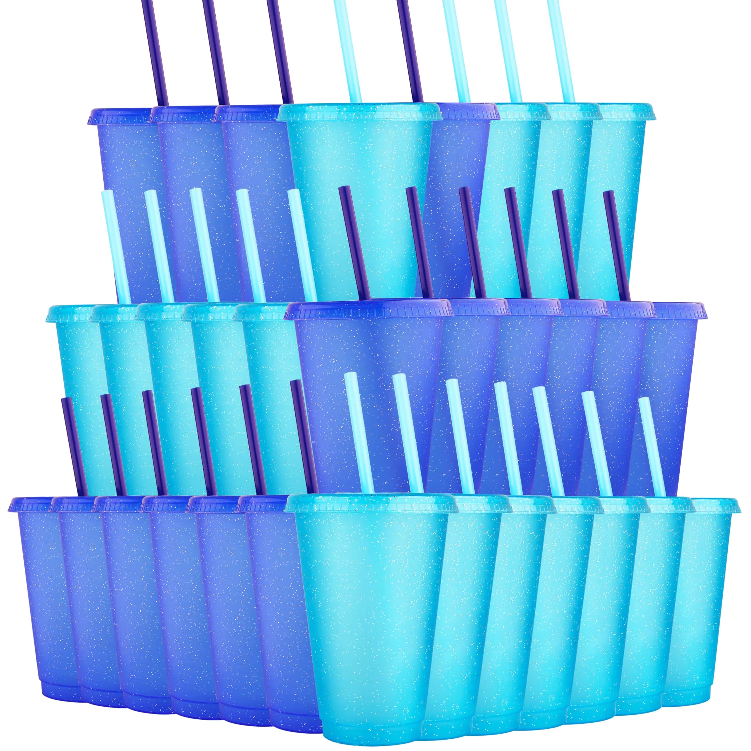 Alohastarttg Reusable Cups with Lids and Straws 16oz Plastic Party Cups Kids Party Favors Leak-Proof Tumblers Ideal Happy Birthday Gift 32 Pack Smoothie Cups (32 Blue Light blue)