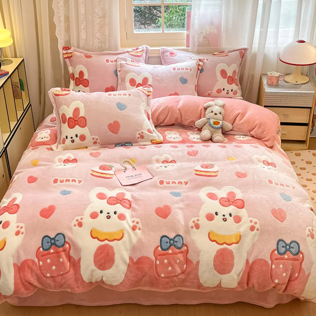 MorroMorn Twin Bedding Sets Pink Bunny Duvet Cover Set Fluffy Comforter Covers Blanket Ultra Soft Kawaii for Girls Kids Toddler Teen Women Twin/Twin XL Size