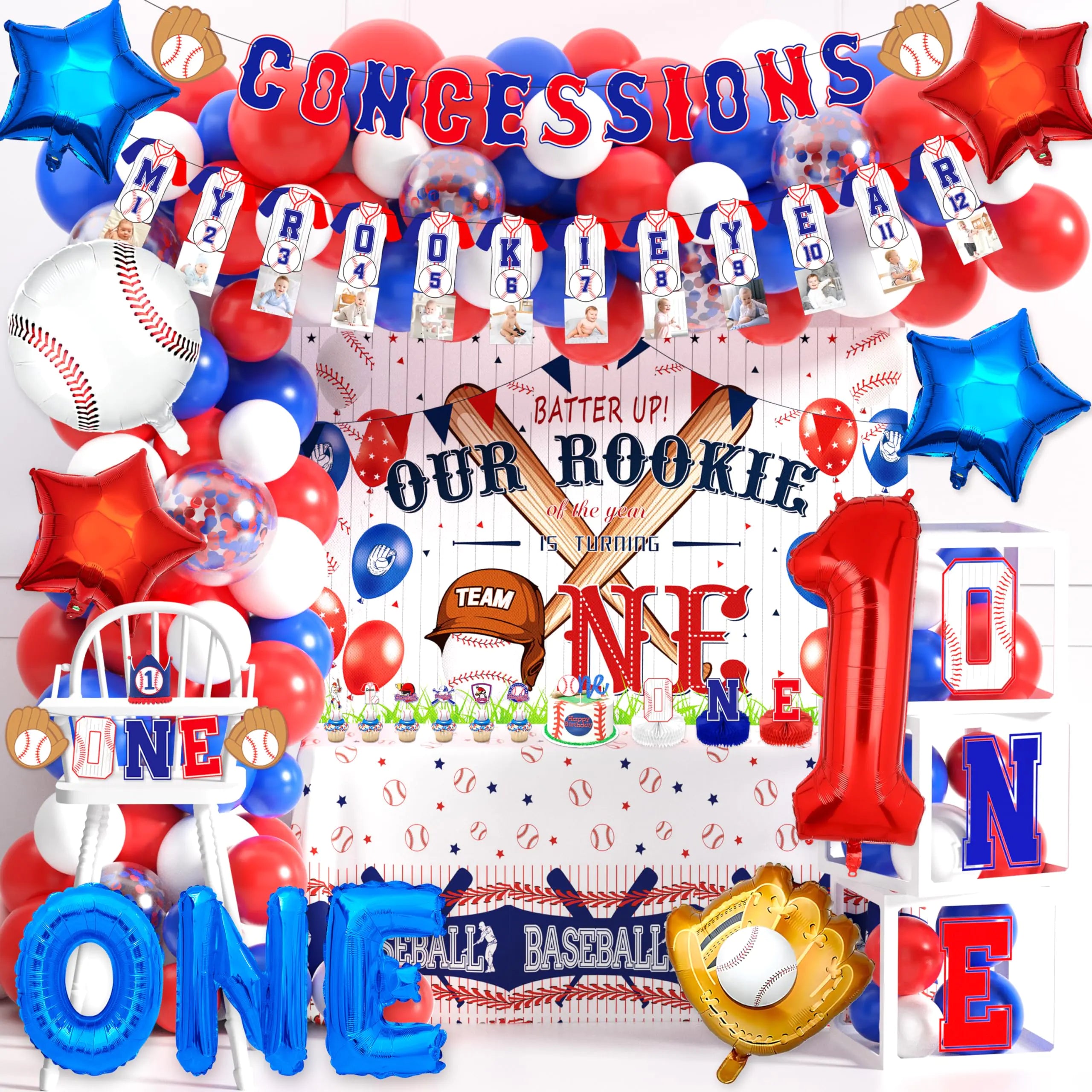Baseball 1st Birthday Party Decorations for Boy Girl Rookie of The Year First Birthday Decorations One Year Old Boy Birthday Party Supplies Backdrop Balloon Boxes Tablecloth Banner Cake Topper Set