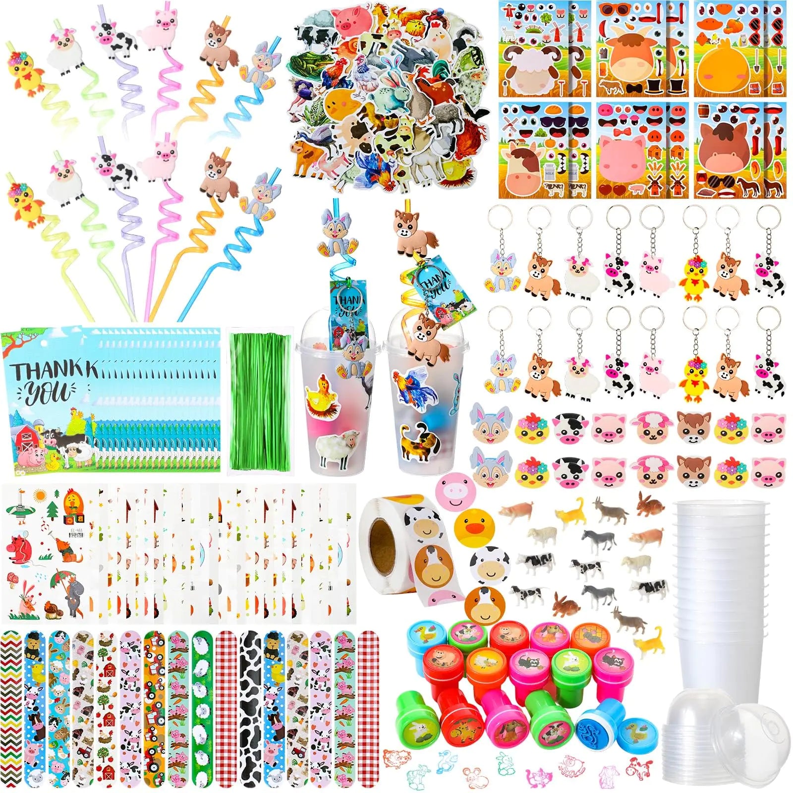 Poen 212 Pcs Farm Animal Party Favors Set Include Cup Straw Stamp Clap Bracelet Keychain Ring Puzzle Sticker Animal Miniature Card for Birthday Party Baby Shower Goody Bag Stuffer