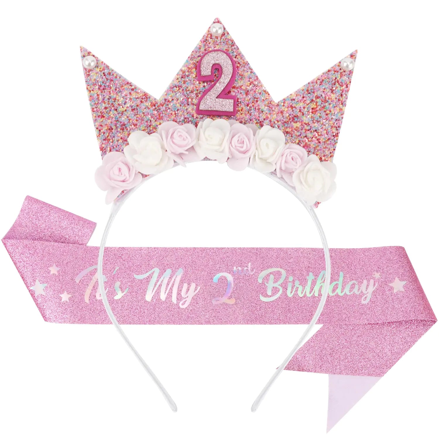 SuPoo 2nd Birthday Sash & Birthday Girl Headband Crown Set 2nd Birthday Decorations for Girl Flower Princess Tiara Glitter Pearl Hair Band 2 Year Old Happy Birthday Party Gift Outfit