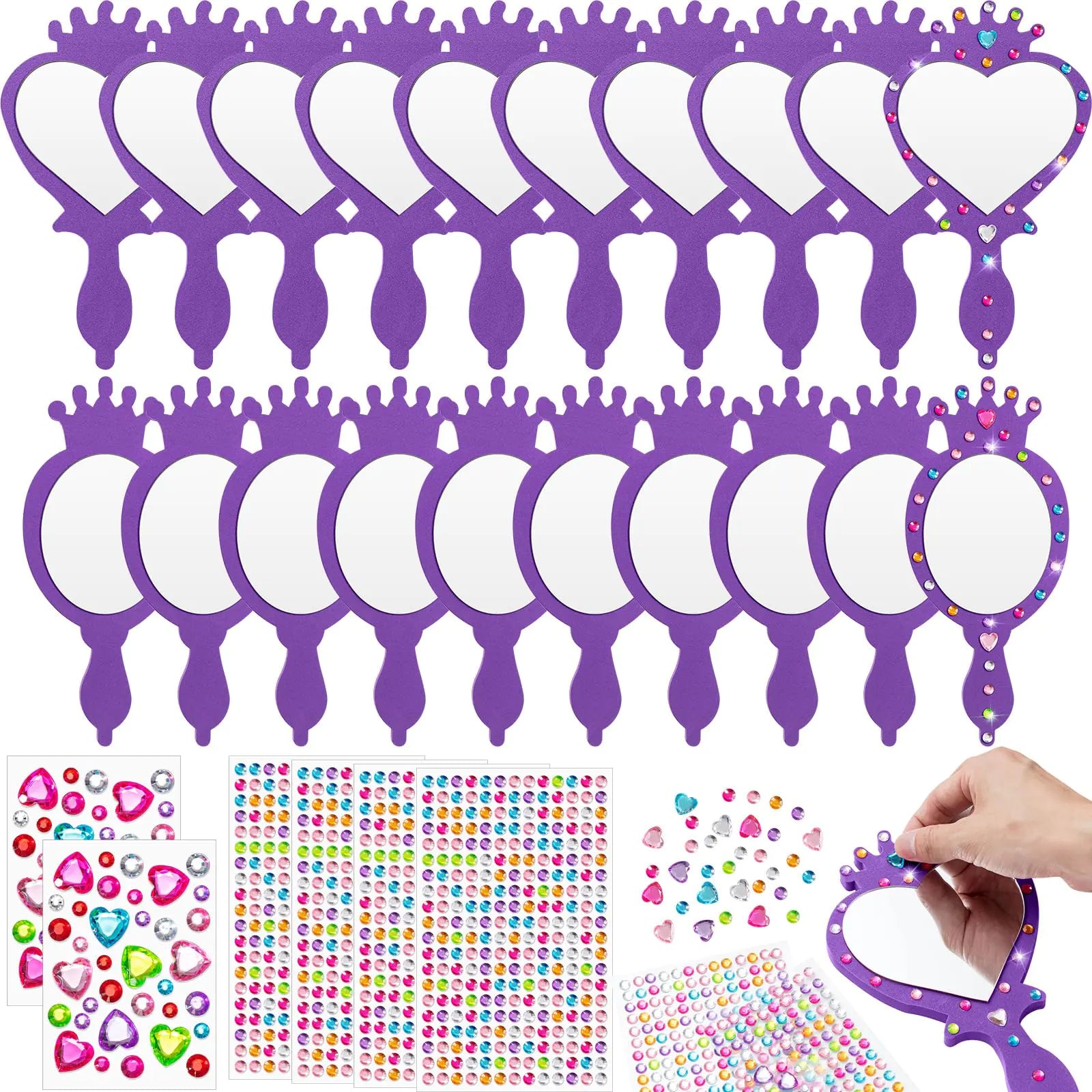 Geetery 20 Pcs Unbreakable Kids Mirror DIY Decorate Your Own Princess Mirror Mermaid Mirrors Princess Foam Mirrors Small Mirrors for Crafts Princess Party Decorations (Purple)