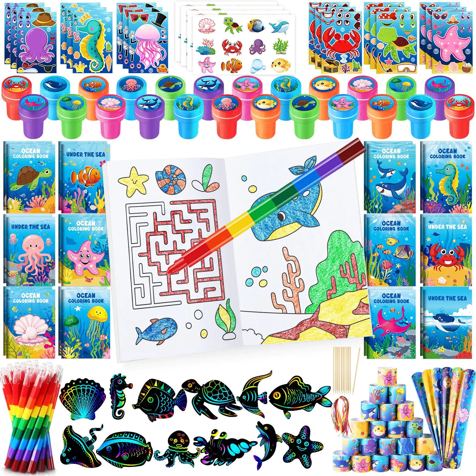 BenLouis 192Pcs Under the Sea Party Favors Ocean Animals Party Coloring Books Set Bulk for Kids Sea Fish Birthday Mermaid Party Goodie Bag Fillers School Classroom Gift Rewards Activity Supplies