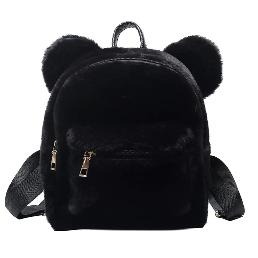 Mellshy Cute Fuzzy Bear Ears Backpack Kawaii Soft Fluffy Casual Daypack Mini Shoulder Bag Purse for Girls (Black)