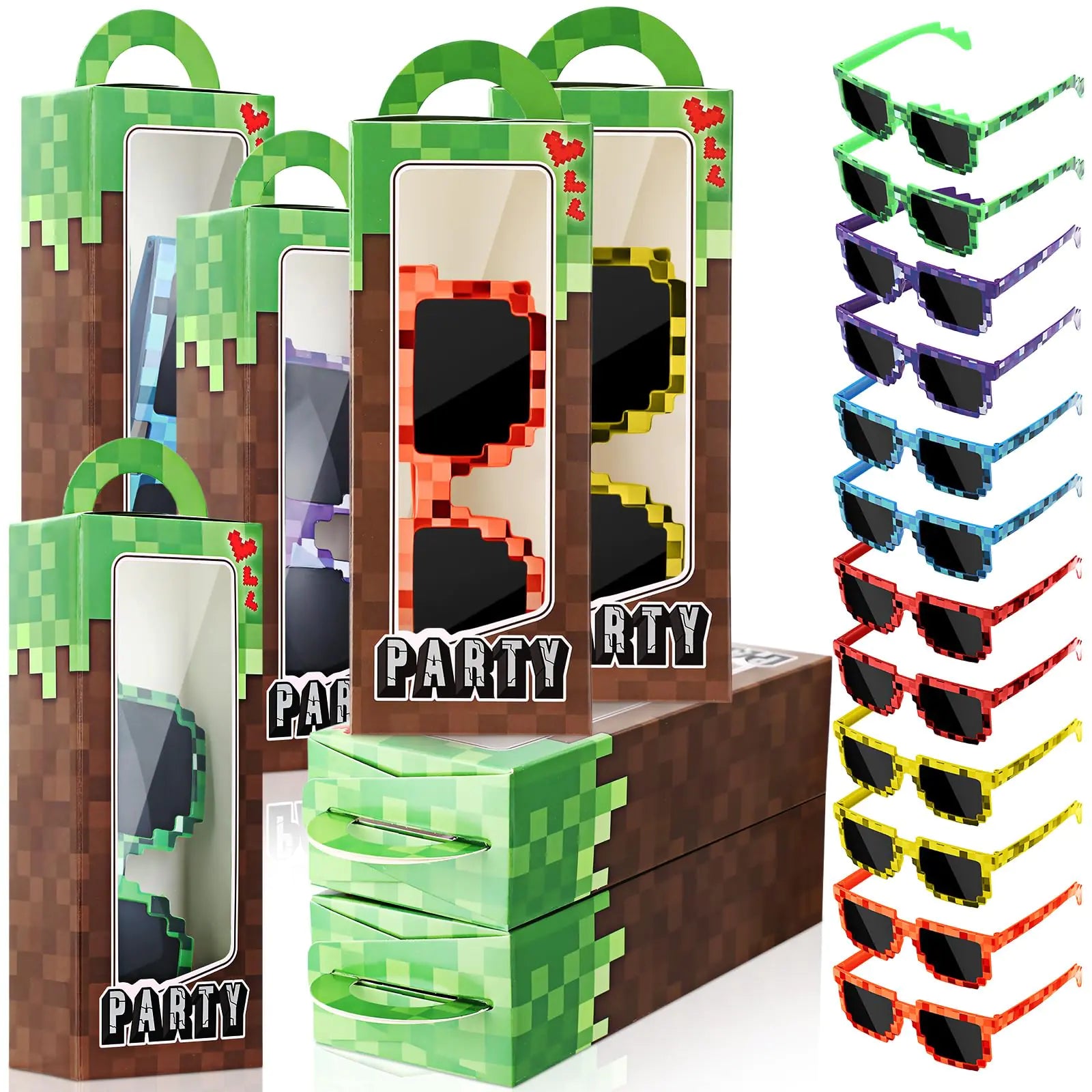 Mootycapa 24 Pcs Pixel Game Party Favors Pixelated Theme Gift Boxes Pixel Sunglasses Birthday Party Supplies for Kids Boys Girls (Vibrant Colors)
