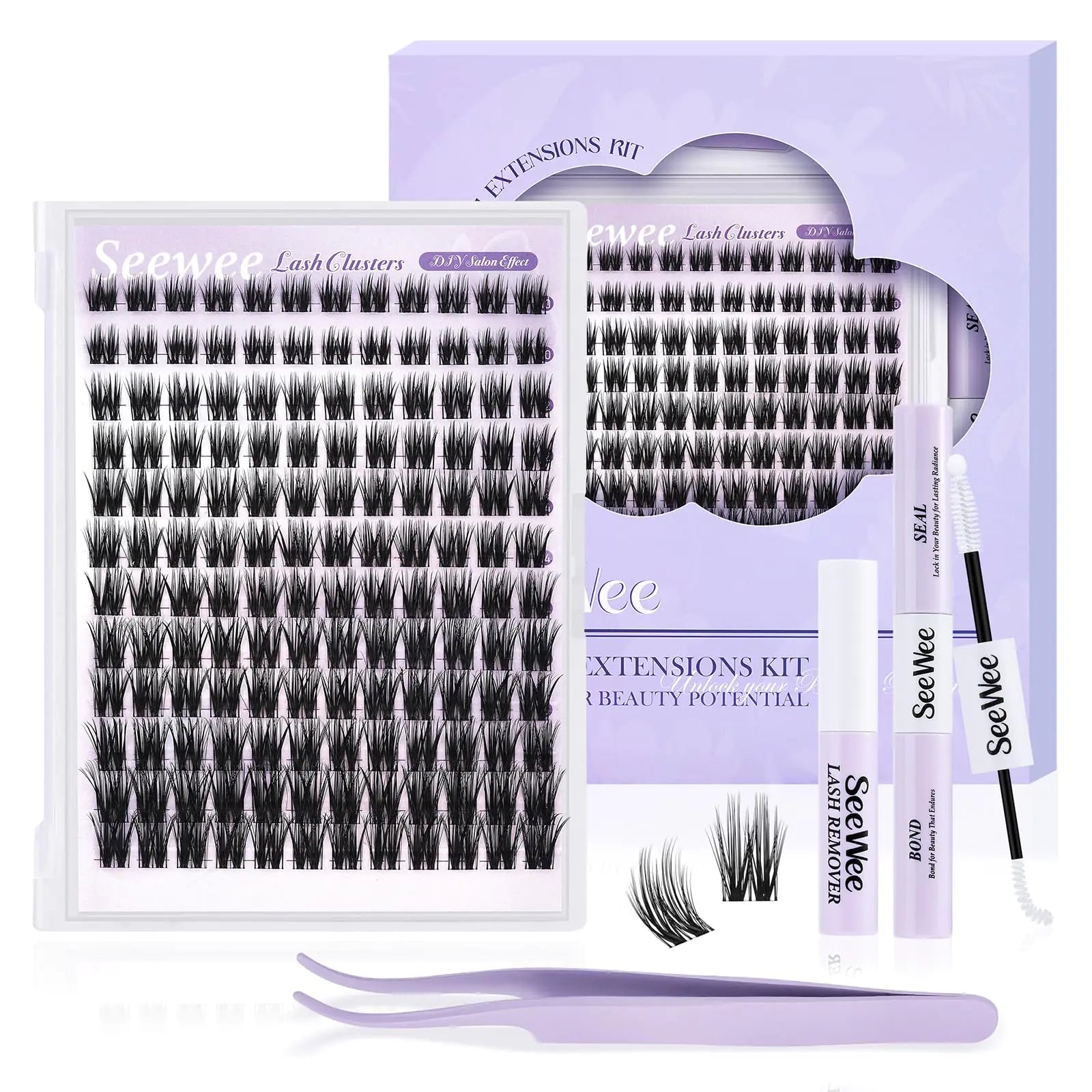 Seewee Lash Extension Kit 144 Individual Lashes Clusters D Curl Wispy Lash Clusters Kit with Lash Bond and Seal Lash Tweezers Lash Remover DIY Eyelash Extension Kit for Beginners(10-18MM Lash)