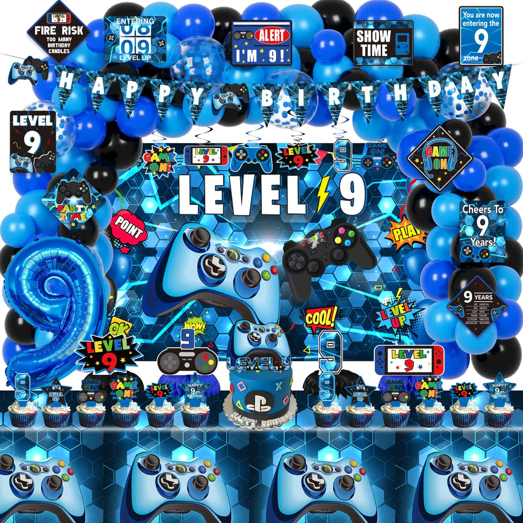 KOTLMIGHT 9th Birthday Decorations for Boys 148Pcs Blue Video Game level 9 Party Supplies for Boy 9th Birthday - Backdrop Banner Balloons Tablecloth Centerpieces Hanging Swirls Wall Signs