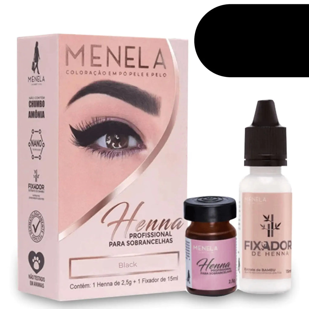MENELA Eyebrow Henna Tint - Black Henna Brow Dye with Bamboo Extract for Long-Lasting Natural-Looking Brows - 2.5g Tint & 15ml Fixer - Perfect Eyebrow Tinting Kit