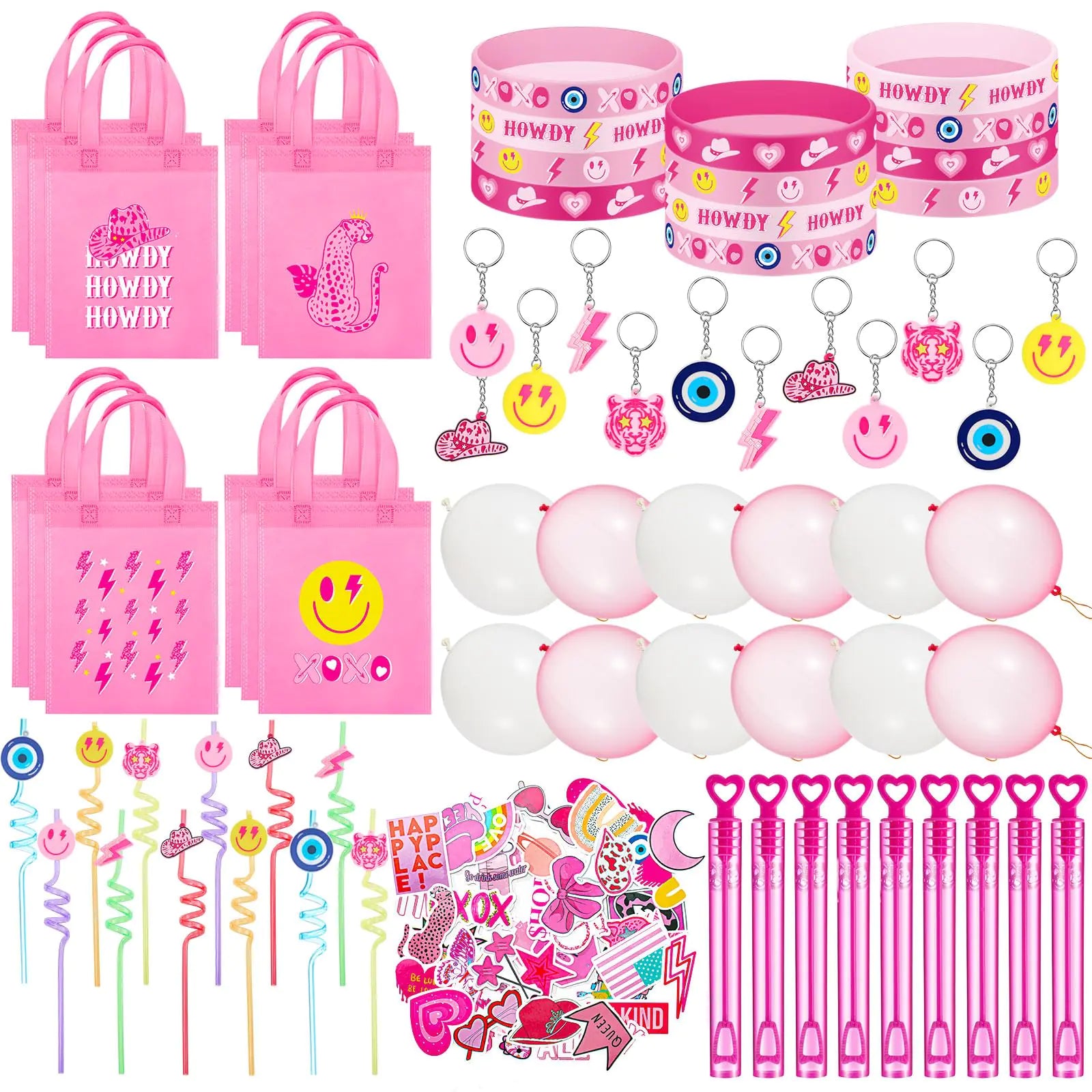 Libima 184 Pcs Preppy Party Favors Preppy Birthday Party Supplies Pink Non Woven Bags Plastic Straws Punch Balloons Stamps Stickers Pink Smile Silicone Wristbands for Y2K Birthday Party Supplies