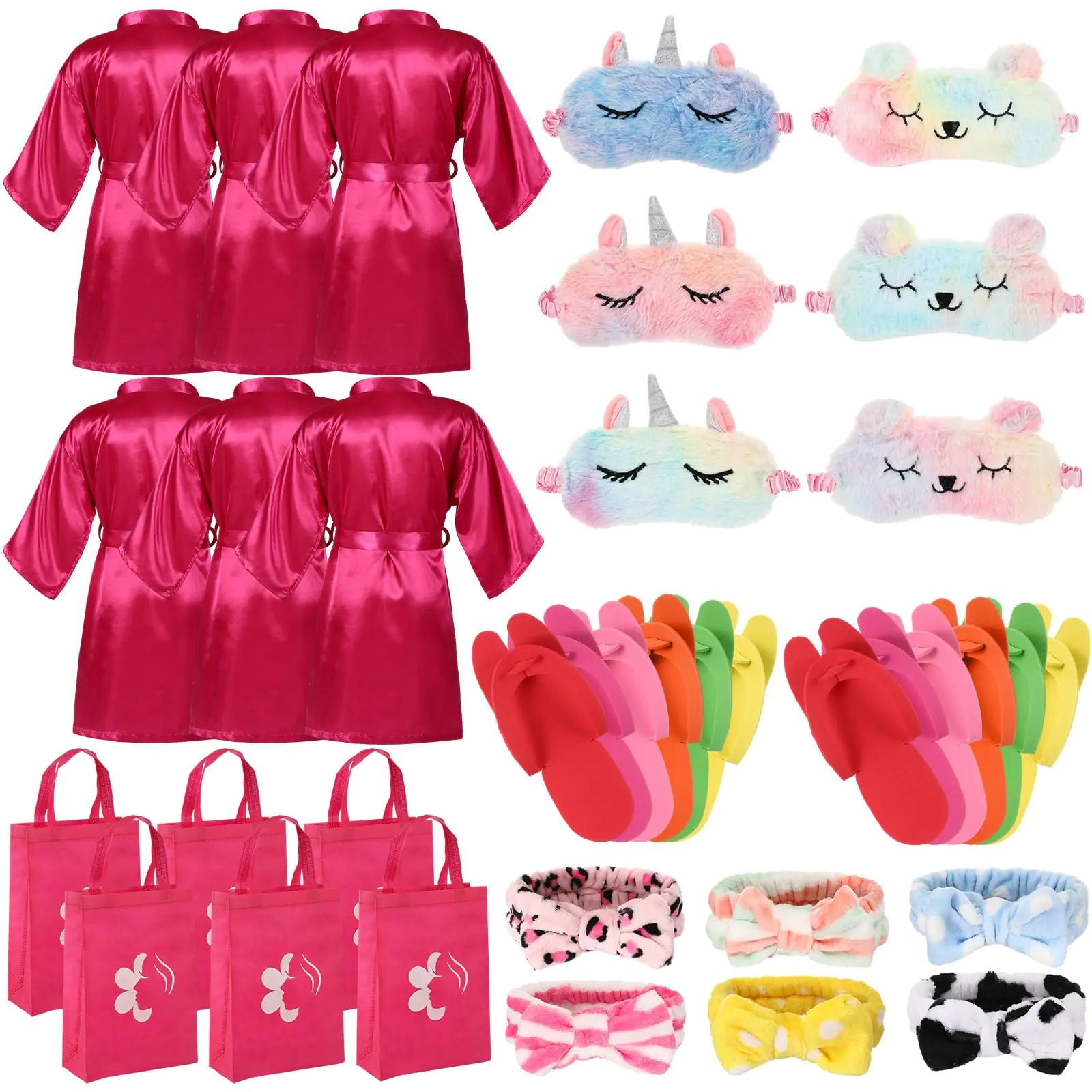 Shihanee 30 Pcs Spa Party Supplies for Girls 6 Satin Robe 6 Kids Slippers Sleepover Birthday Spa Party Favors (Rose Red)