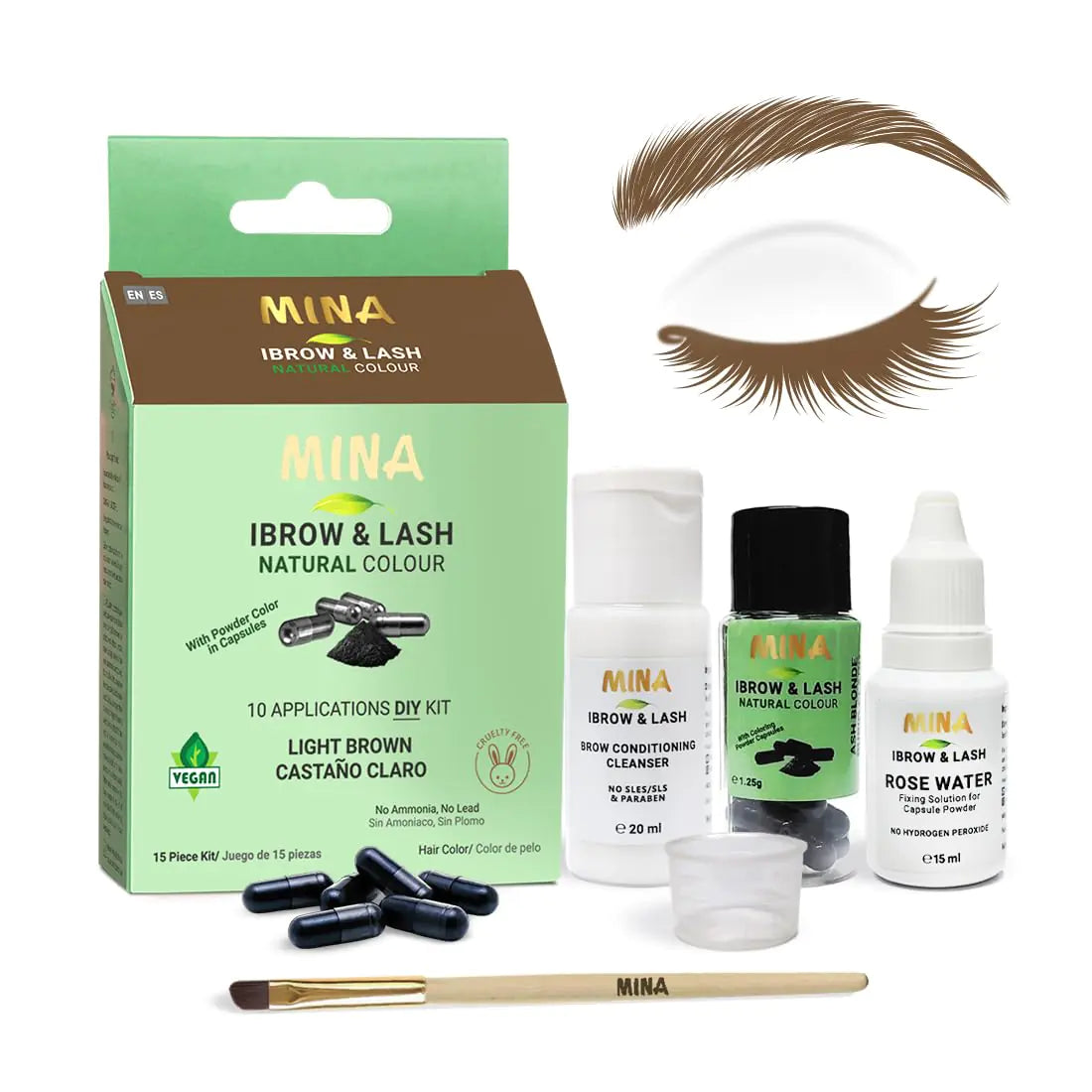 Minaibrow & Lash Tint kit Light Brown | Natural Spot coloring Brow Tinting Kit Powder in Capsule Water & Smudge Proof | No Ammonia No Lead
