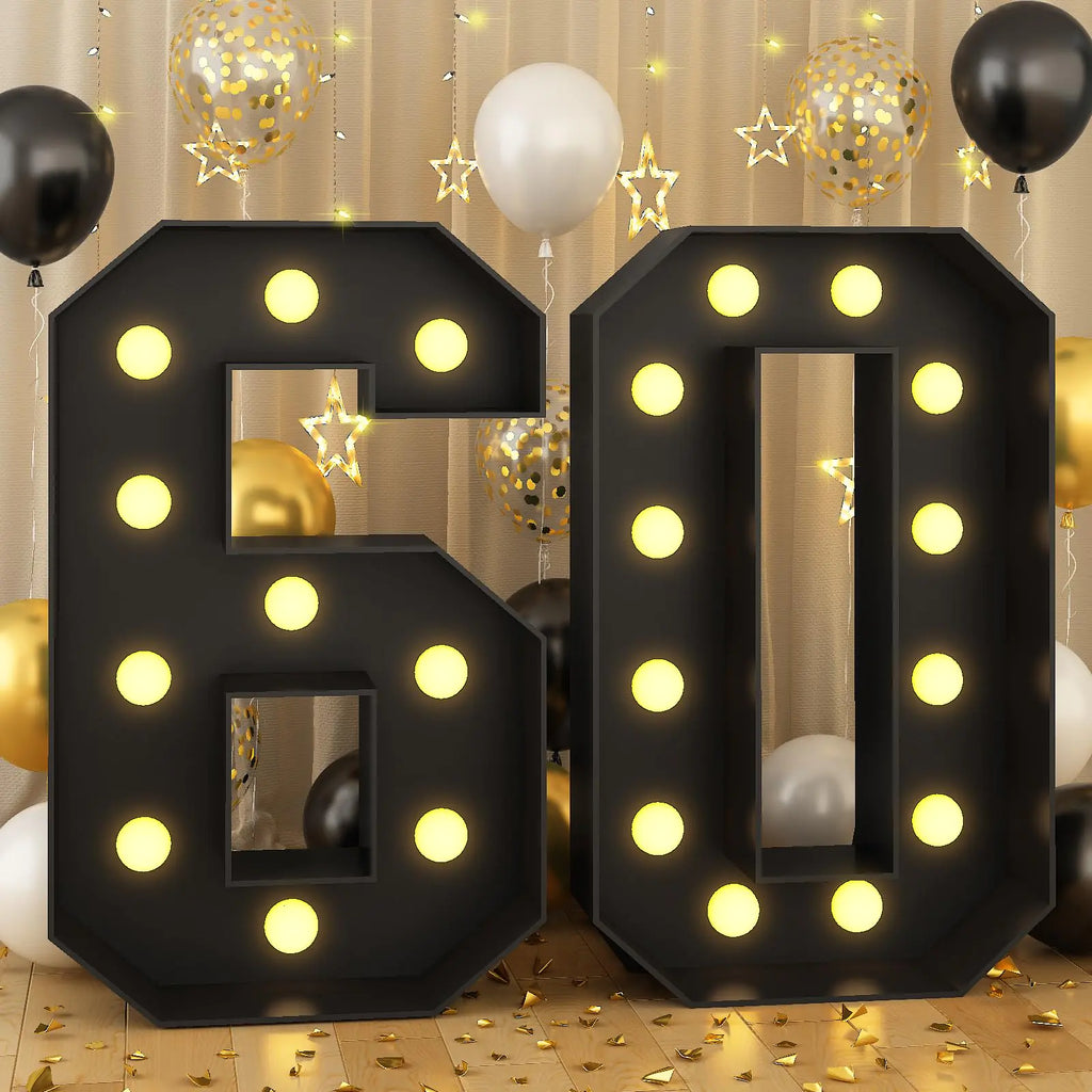 Marquee 60 Numbers 4ft Light up Numbers Black Large Number with Lights for 60th Birthday Party Decorations Giant LED Mosaic Frame Sign Letter 60 Cardboard Pre-Cut Foam Board Diy Anniversary Decor