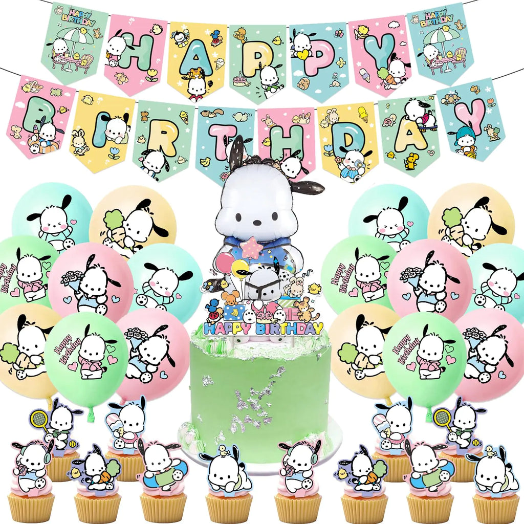 Pochacco Birthday Party Decorations Kawaii Cartoon Party Supplies with Banner Cupcake Cake Toppers and Foil Balloons Party Favors for Fans Birthday Background Decorations