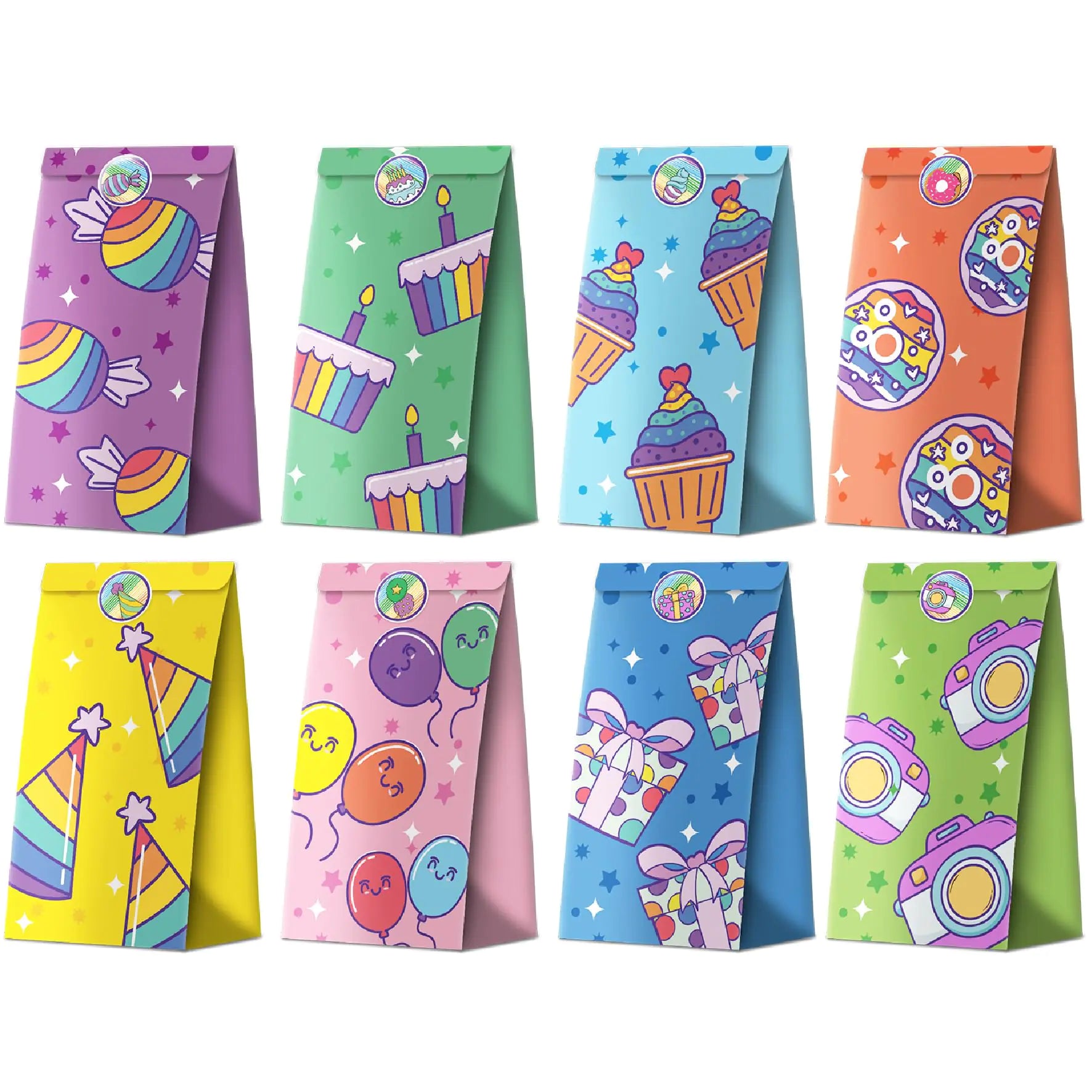 easykart labels 32pcs Birthday Party Favor Bags 8 Coloyrful Theme Small Gift Bags Mini Goodie Bags Wrapped Treat Bags for Birthdays Baby Showers Crafts and Activities May Day