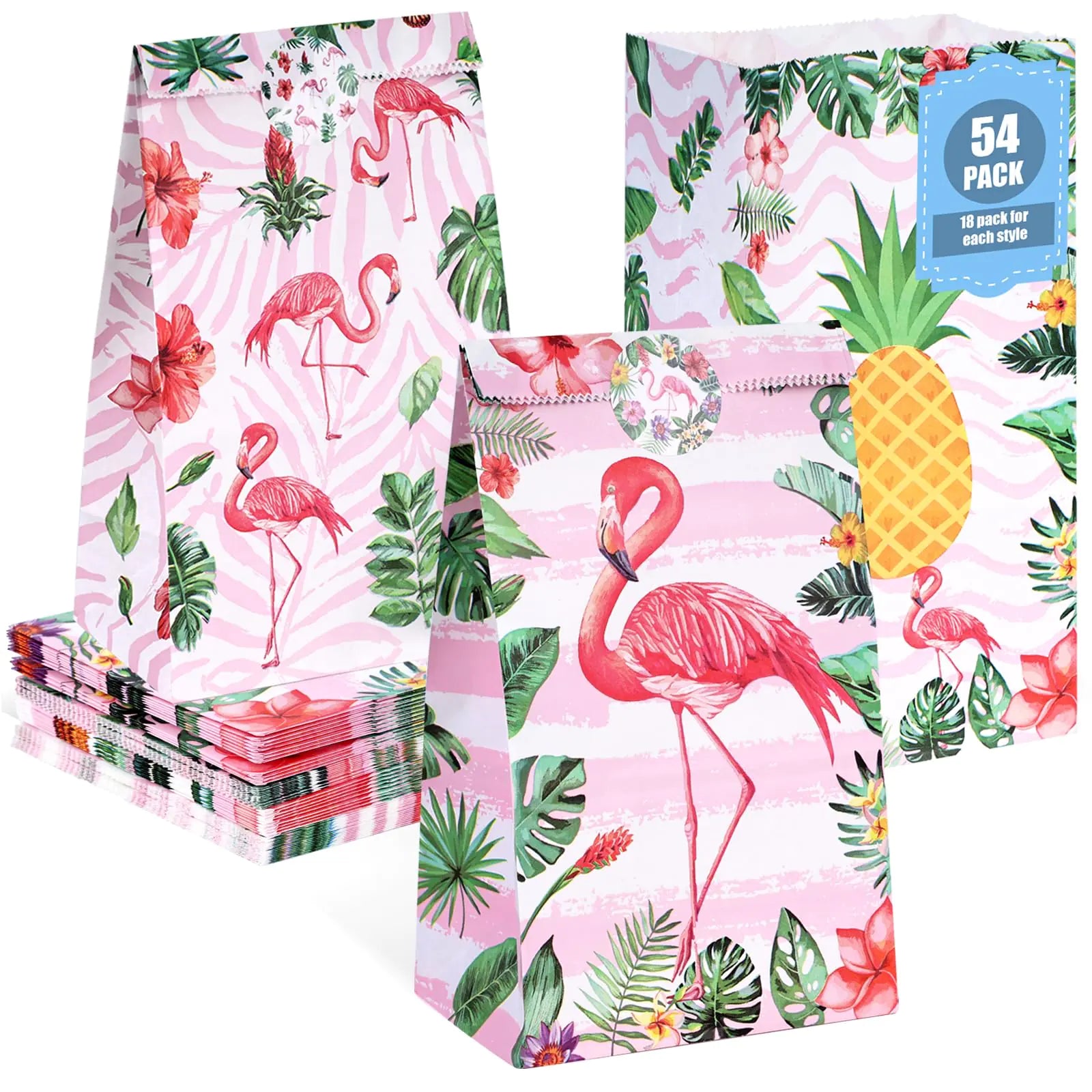 VGOODALL 54PCS Party Favors Bags Flamingo Gift Bags Hawaii Paper Treat Bags with Stickers Goodie Bags for Birthday Luau Party