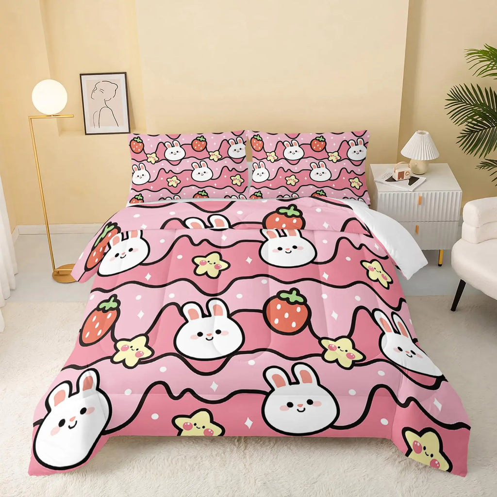QOOMO Kawaii Rabbit ComforterStrawberry Rabbit Comforter Set for Kids Teens Girls3Pcs Bedding Set Printed Comforter with 2 PillowcasesDown AlternativeSoft and Lightweight(Pink，Twin Size)