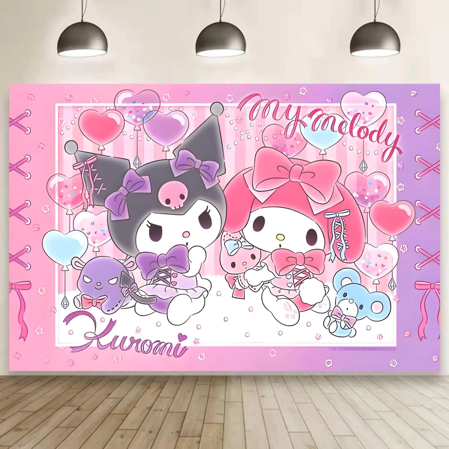 Kawaii and My Melody Background Party Supplies Happy Birthday Banner Backdrop for Kids Party Decorations (5x3ft)