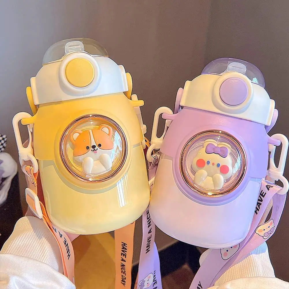 excvalues Kawaii Water Bottle with StrawTravel Cute Water Bottles with Adjustable Strap Leak Proof BPA Free Wide Mouth Water Cup with Lid for Girls School (Purple)