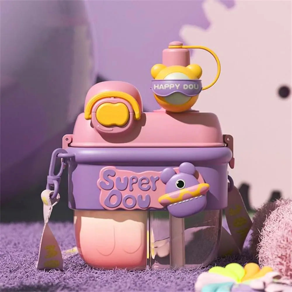 Rukebu Kawaii Water Bottle for Girls Double Chamber Water Bottle with Adjustable Strap Portable Leakproof Cute Kids Water Bottles for School 17 oz