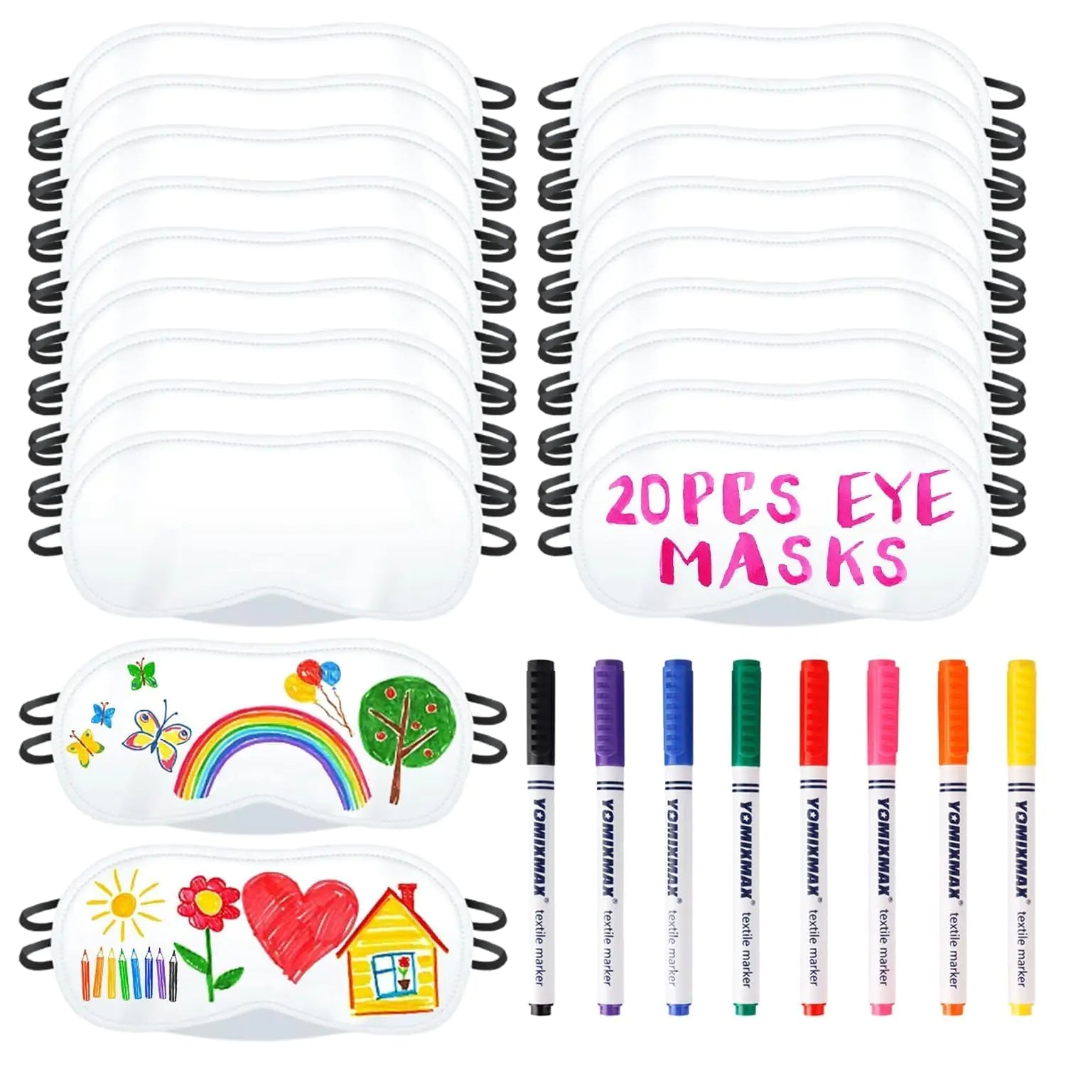 20 PCS Eye Mask Party Supplies Slumber Spa Party Favors Pajama Party Decorations Sleep White Soft Shade Blindfold Eye Covering Color the Bulk Stuff with 8 PCS Fabric Marker Pens