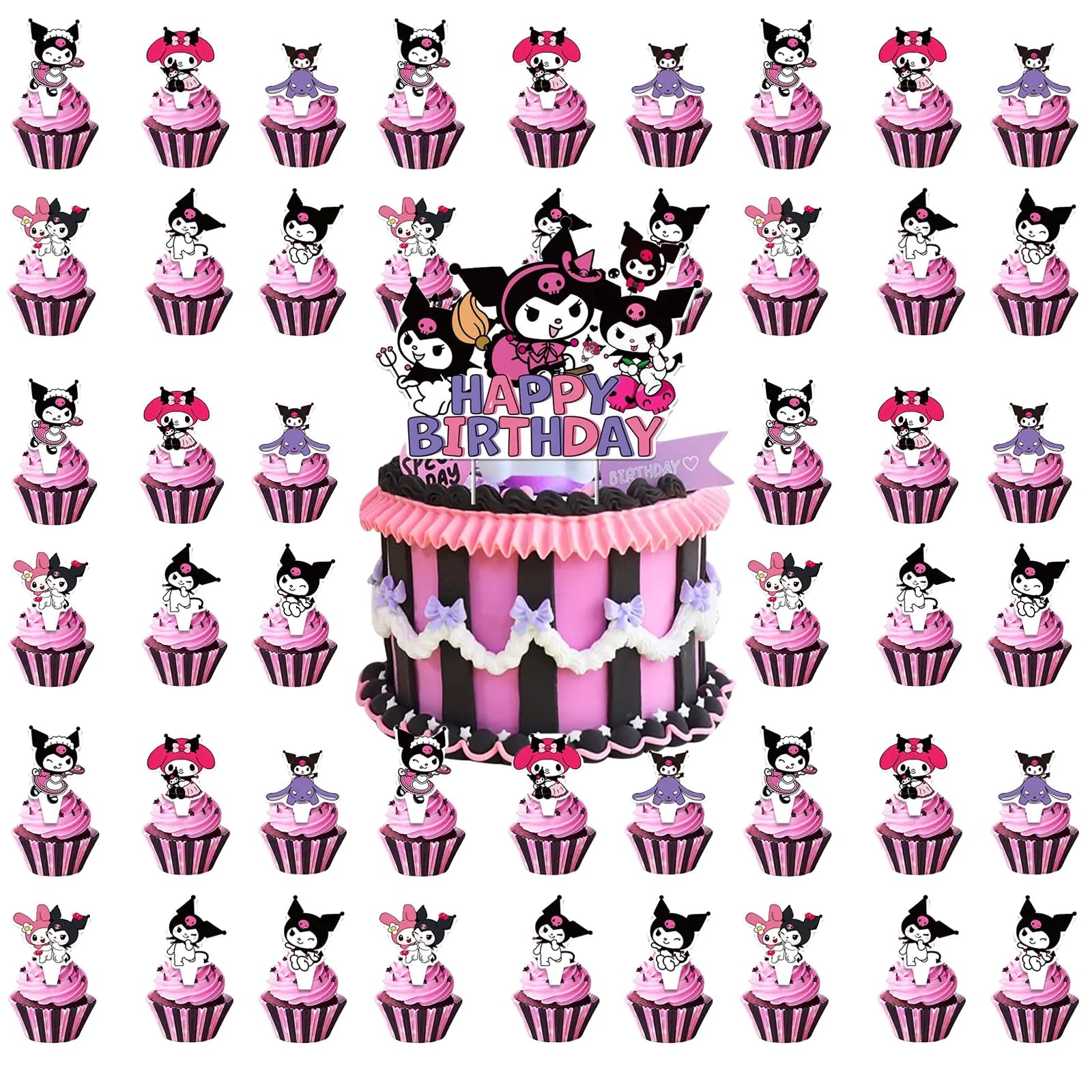 Educatgame 48 Kawaii Cupcake Toppers with 1 Happy Birthday Cake Topper Cute Anime Themed Party Supplies Perfect for Birthday Party Decorations (A)