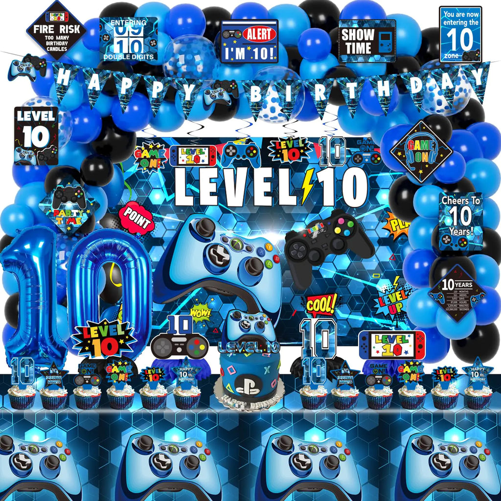 KOTLMIGHT 10th Birthday Decorations for Boys 149Pcs Blue Video Game level 10 Party Supplies for Boy 10th Birthday - Backdrop Banner Balloons Tablecloth Centerpieces Hanging Swirls Wall Signs