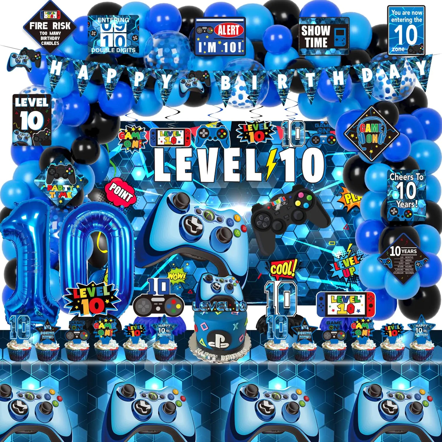 KOTLMIGHT 10th Birthday Decorations for Boys 149Pcs Blue Video Game level 10 Party Supplies for Boy 10th Birthday - Backdrop Banner Balloons Tablecloth Centerpieces Hanging Swirls Wall Signs