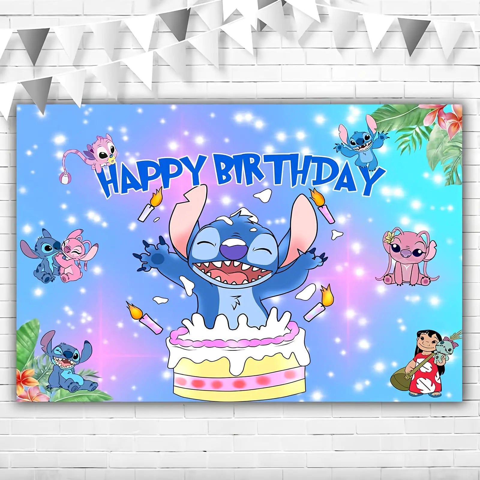 Stitch 1st Birthday Decorations Banner for Boy 5x3ft Happy Birthday Lilo and Sticth BackdropVinyl Pink Angel and Stitch First Birthday Background for Party Supplies