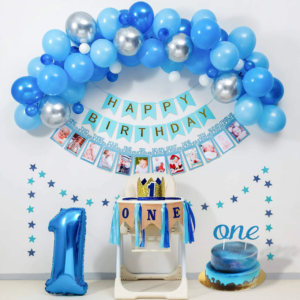 Baby Boy 1St Birthday Decorations BLUE Party Supplies for ONE Highchair Banner DecorationsRoyal Prince CrownHappy Birthday Banner12 Months Photo BannerBlue silver Balloon Garland kitCake Topper