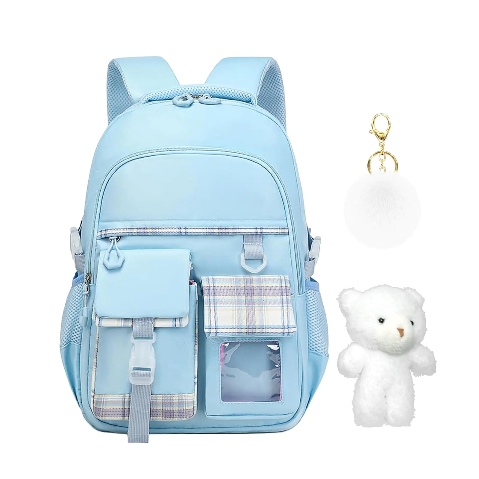 Cute Blue School Backpacks Kawaii Kids Backpack for Girls Fashion Multiple Pockets Bookbag for Primary Elementary High School for Teen Girls