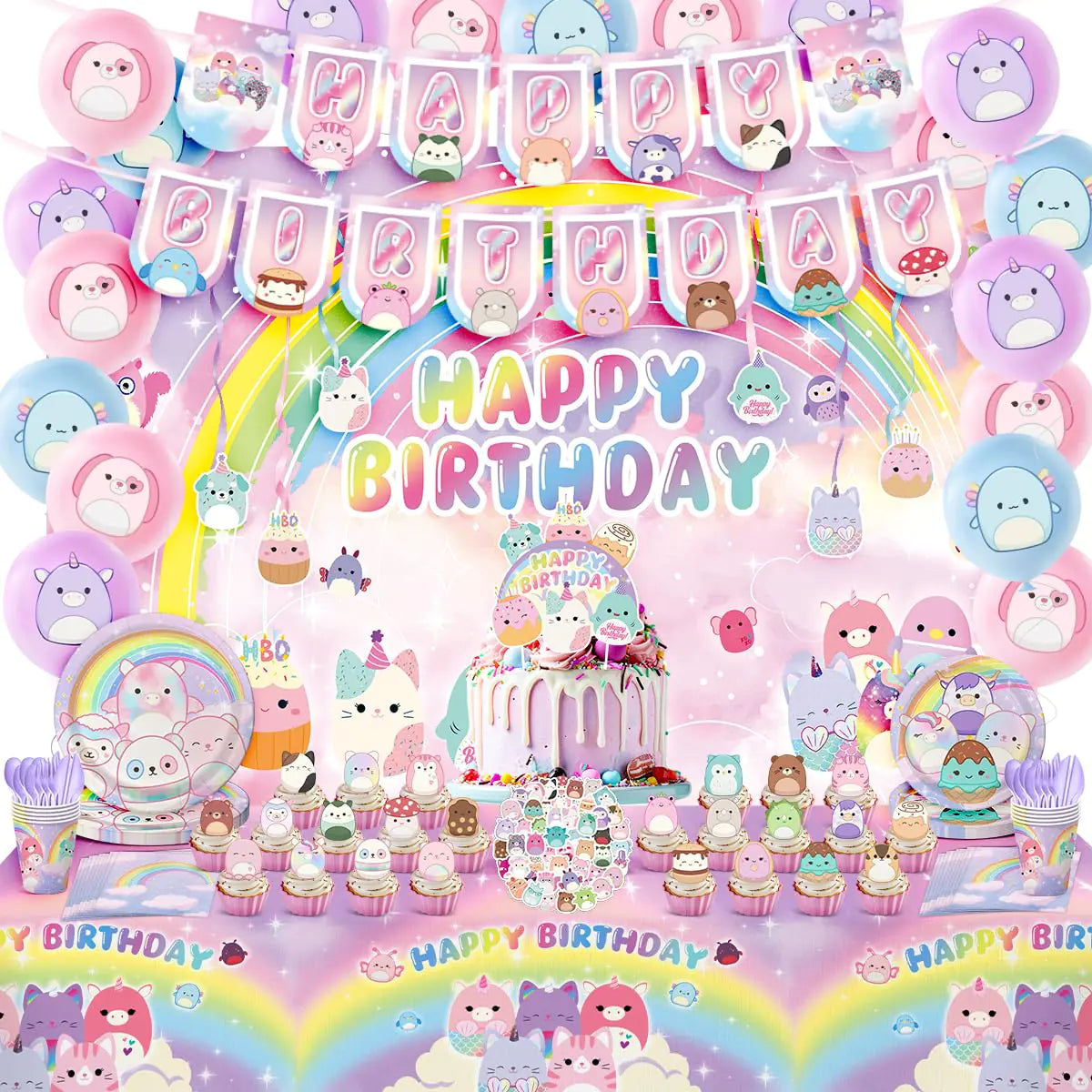 CAILESS Kawaii Squish Birthday Decorations Cute Kitty Animal Party Decoration Include Banner Cake Toppers Backdrop Balloons Tableware and Stickers for Kids Party Favors