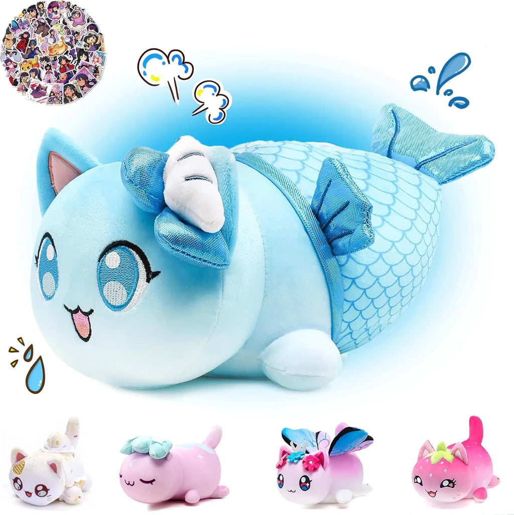 KOWSI 61 PCS Mermaid Cat Plush + 60 Sticker Cute Kawaii Cat Plush Collection 100% Polyester Plushie Pillow Embroidered Soft Stuffed Animal Collectible (Mermaid Cat)
