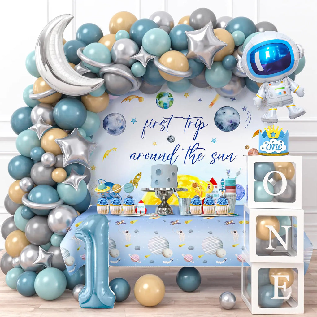 Winrayk 156Pcs First Trip Around the Sun Decorations 1st First Birthday Decorations for Boy One Boxes Backdrop Tablecloth Hat Foil Balloon Cake Topper Galaxy Space 1st Birthday Party Decorations Boy