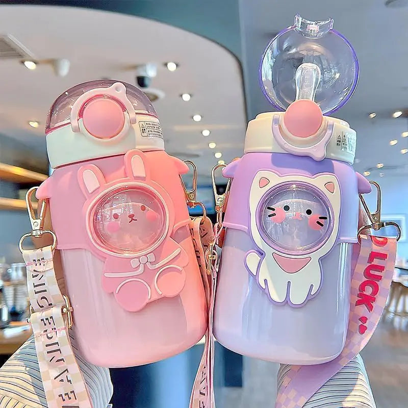 IDIDG Kawaii Bear Water Bottles with Straw 20 oz Cute Water Bottle Portable LeakProof Stainless Steel Bottle With Shoulder Strap for Girls (Purple Cat)