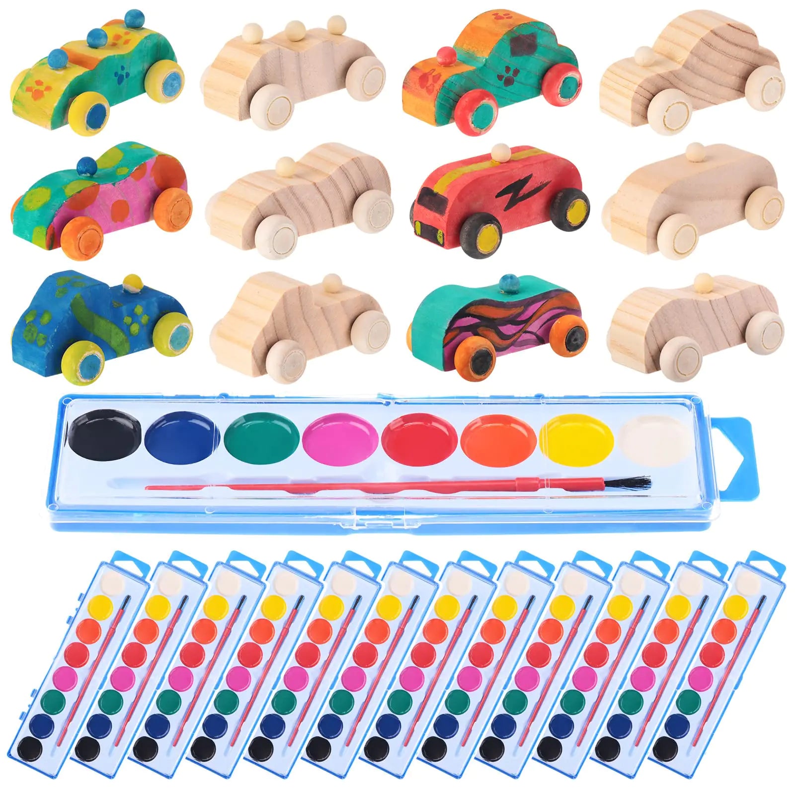 Leitee 12 Sets Unfinished Wooden Cars to Paint DIY Toys with Watercolor Paint Wooden Toy Cars Crafts for Wooden Car Party Favors Valentines Day School Family Arts Crafts Party Favors