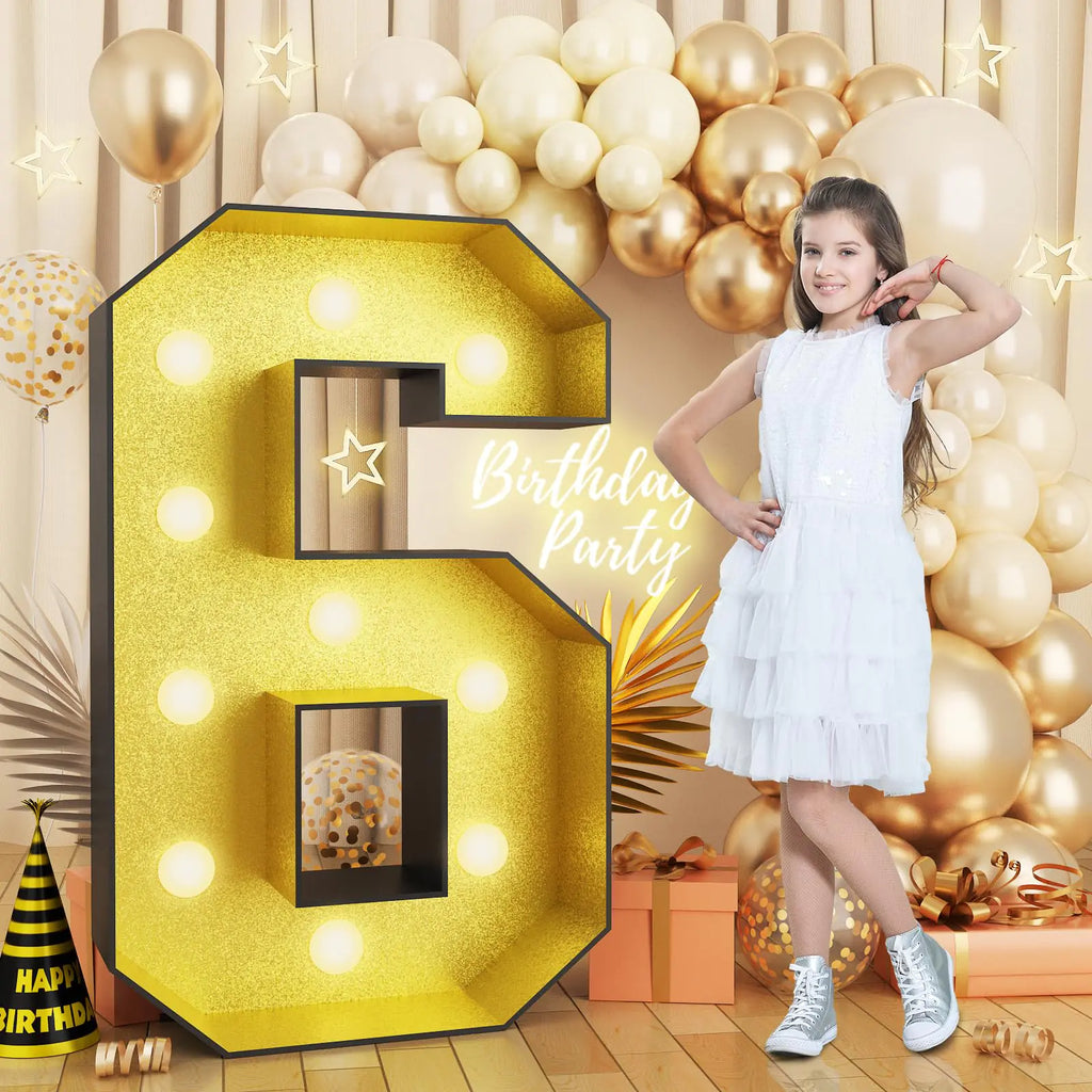 4FT Marquee 6 Numbers Light Up 6 Glitter Gold Giant Marquee Mosaic Numbers Frame Light Up Numbers for 6th 60 63 66 68 Birthday Party Decorations Mosaic Number 6DIY Frame Pre-Cut Foam Board Kit