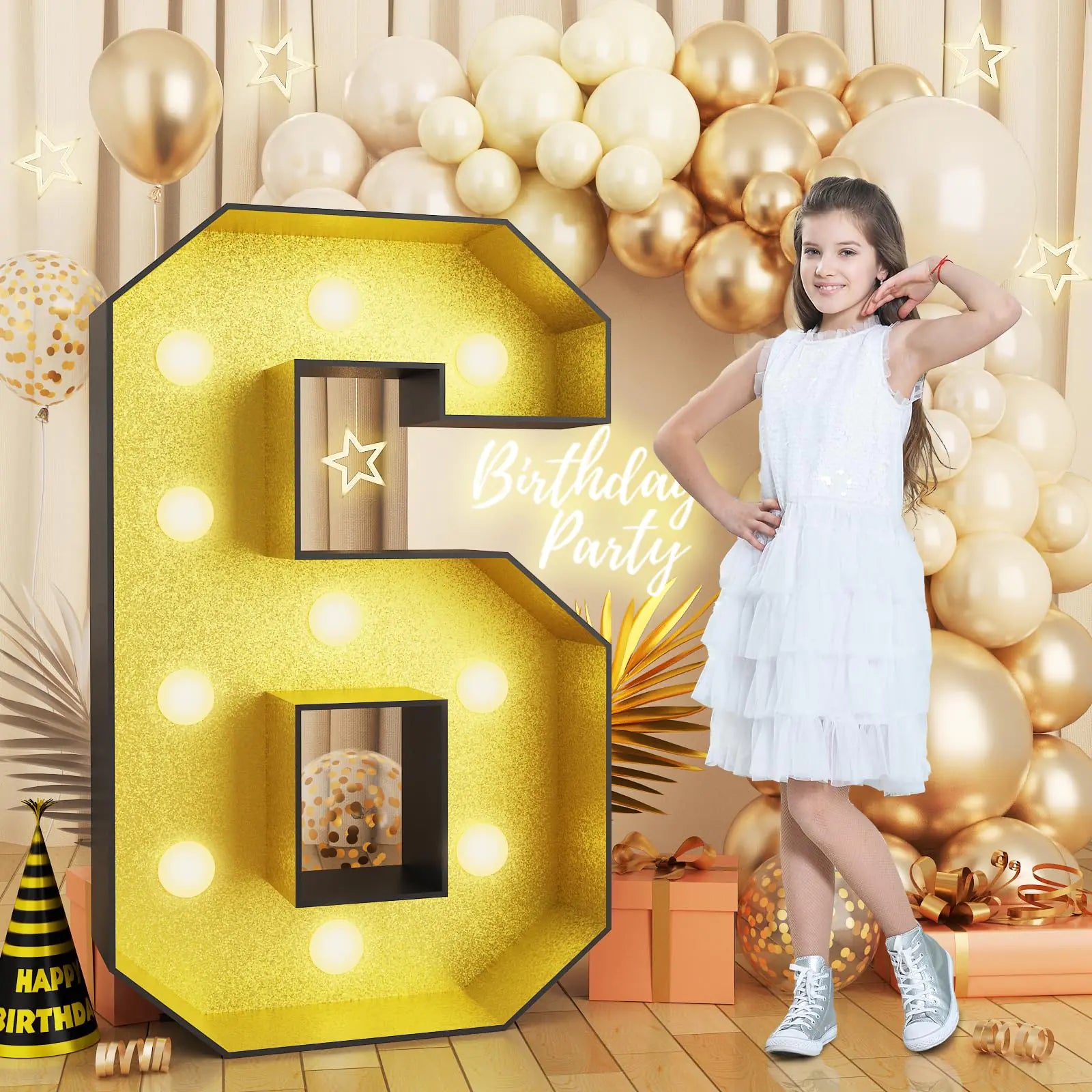 4FT Marquee 6 Numbers Light Up 6 Glitter Gold Giant Marquee Mosaic Numbers Frame Light Up Numbers for 6th 60 63 66 68 Birthday Party Decorations Mosaic Number 6DIY Frame Pre-Cut Foam Board Kit