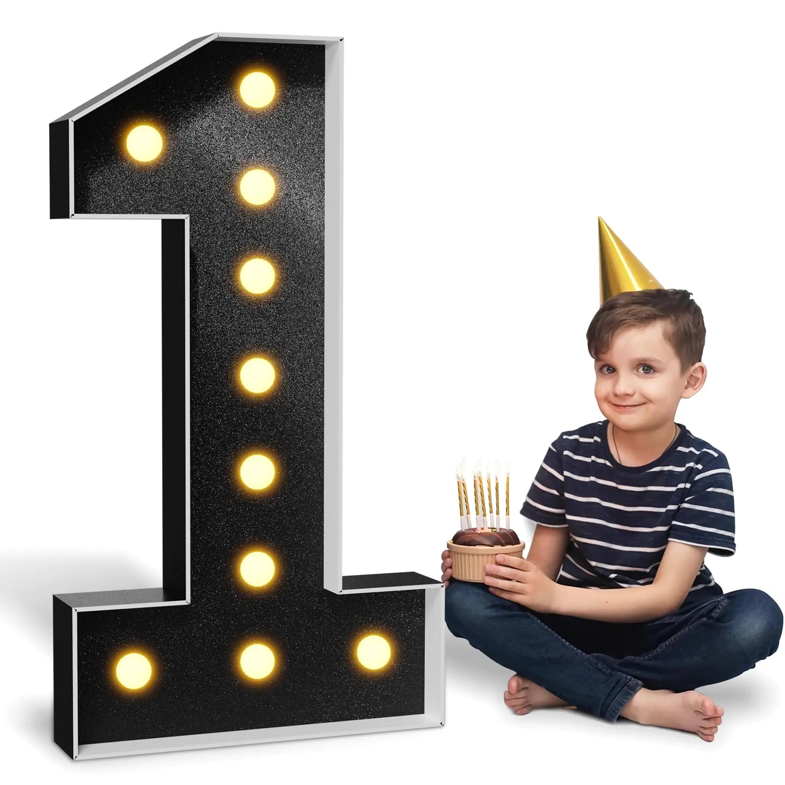 imprsv Marquee Numbers Black Party Decoration: 4 Feet Tall Large Light Up Number 1 for 1st 16th 15th 21st Birthday Decor White Sign Anniversary Backdrop Cardboard Mosaic Balloon Frame