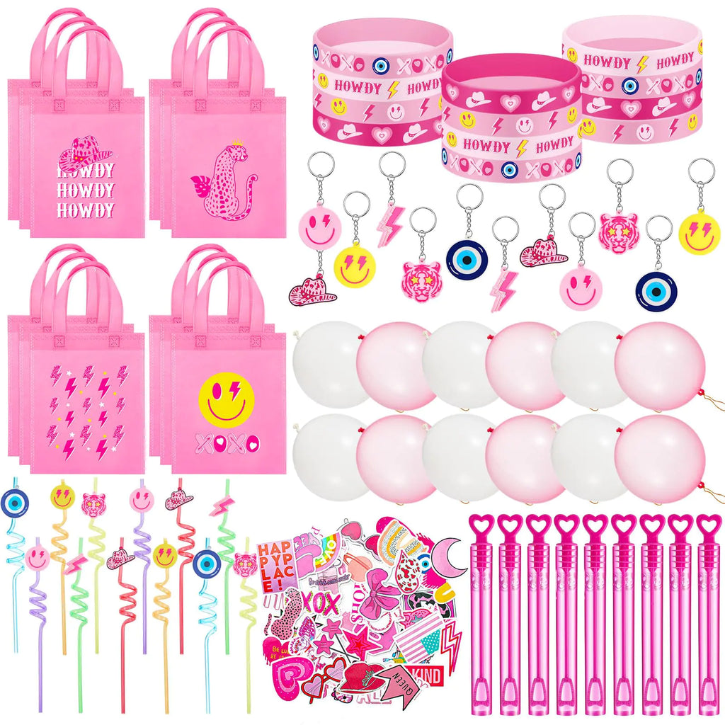 Libima 184 Pcs Preppy Party Favors Preppy Birthday Party Supplies Pink Non Woven Bags Plastic Straws Punch Balloons Stamps Stickers Pink Smile Silicone Wristbands for Y2K Birthday Party Supplies