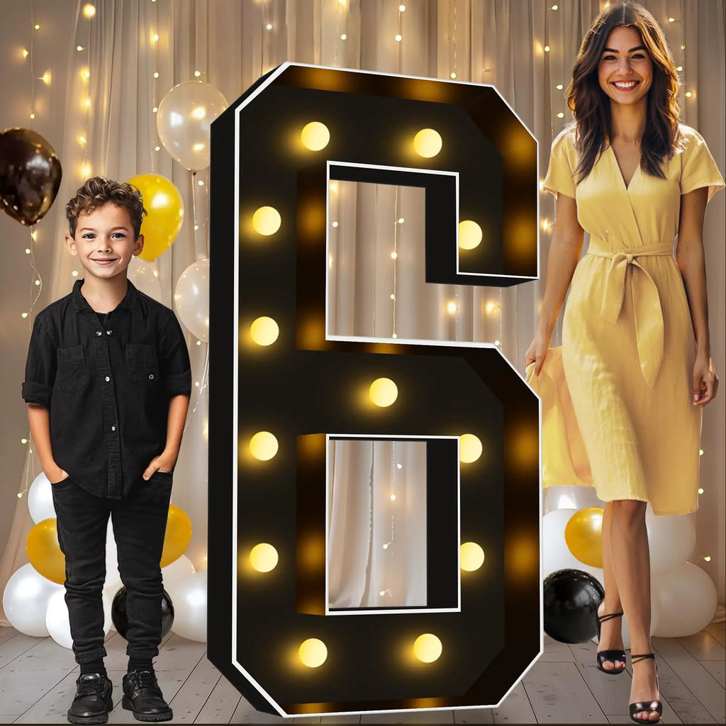 Pooqla 4 FT Light Up Marquee Numbers Black Marquee Number Lights 4 Feet Tall for 6th 16th 60th Birthday Giant Letter Big Mosaic Numbers for Balloons Party Anniversary Wedding Decorations Number 6