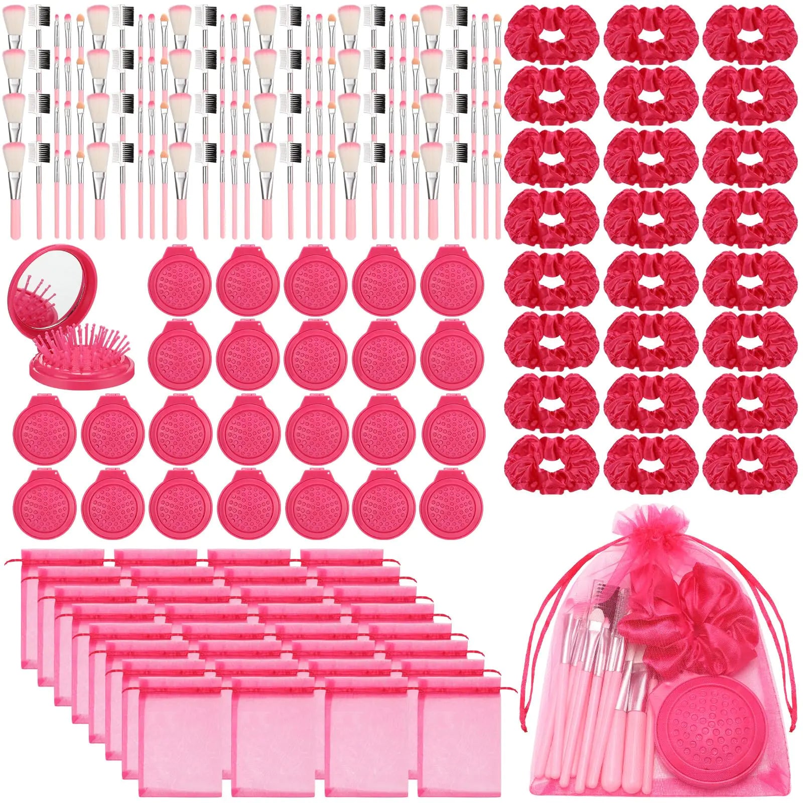 SiliFine Pink Girl Party Favors Girl Makeup Party Favor Party Supplies Set Includes Pink Gauze Bags Pink Hair Scrunchies Foldable Mirror Hair Brushes Makeup Brushes Toys (48 Pcs)